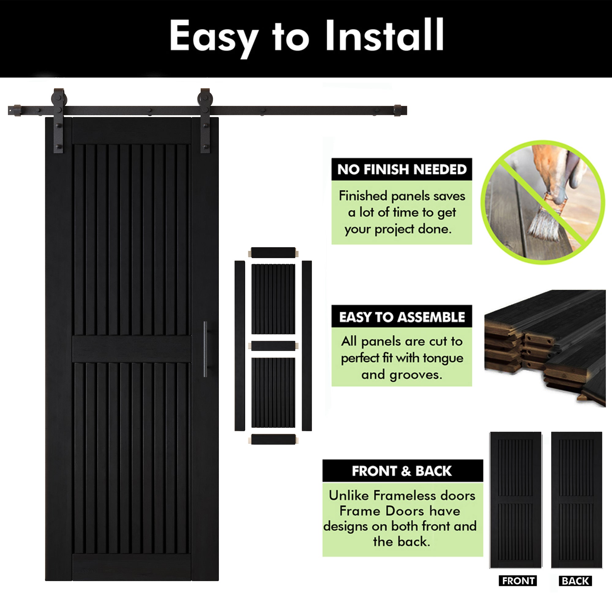80" Height Black Vertical Stripe Design Unassembled & Finished Pine Wood Barn Door with Non-Bypass Installation Hardware Kit(Interior Use Only)