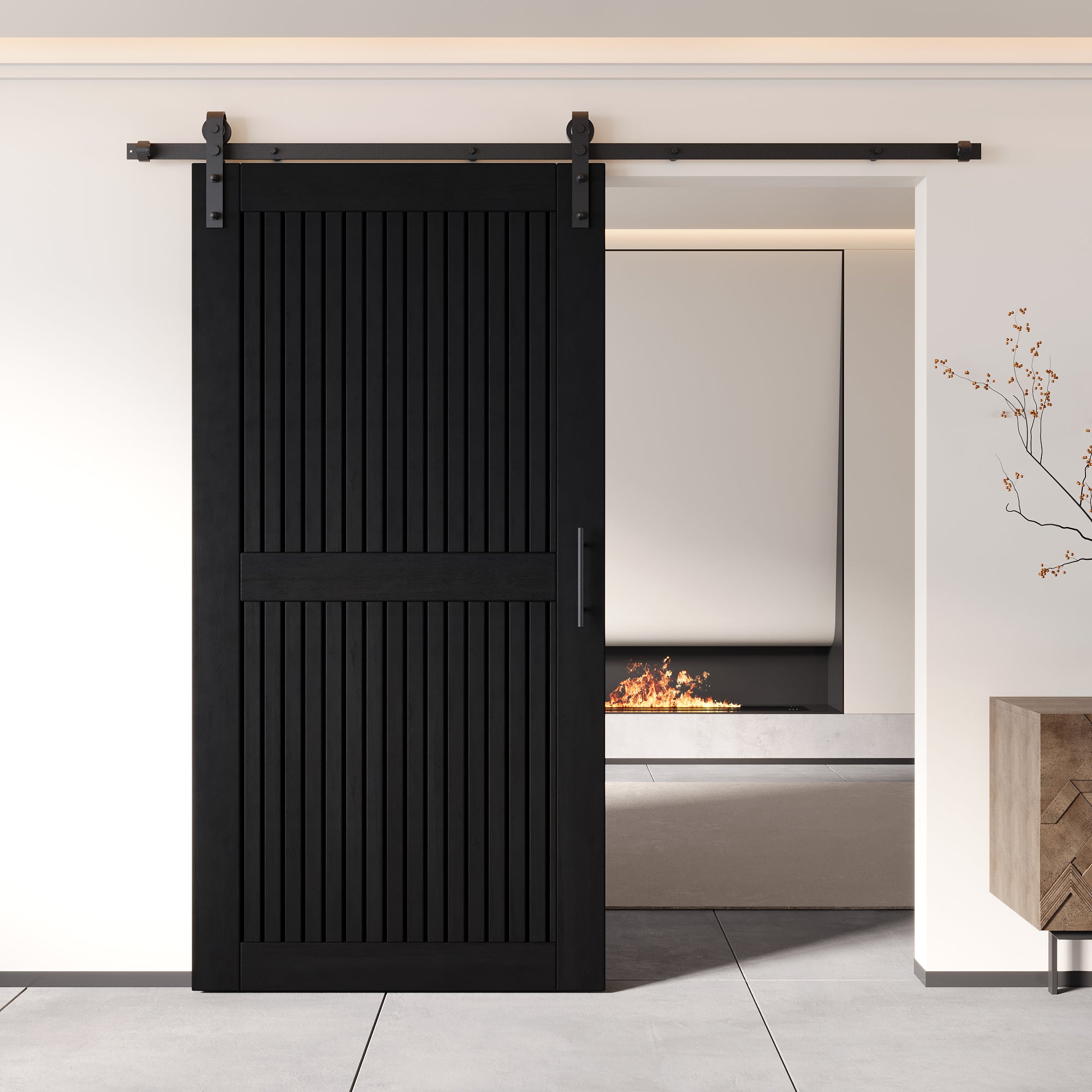 80" Height Black Vertical Stripe Design Unassembled & Finished Pine Wood Barn Door with Non-Bypass Installation Hardware Kit(Interior Use Only)