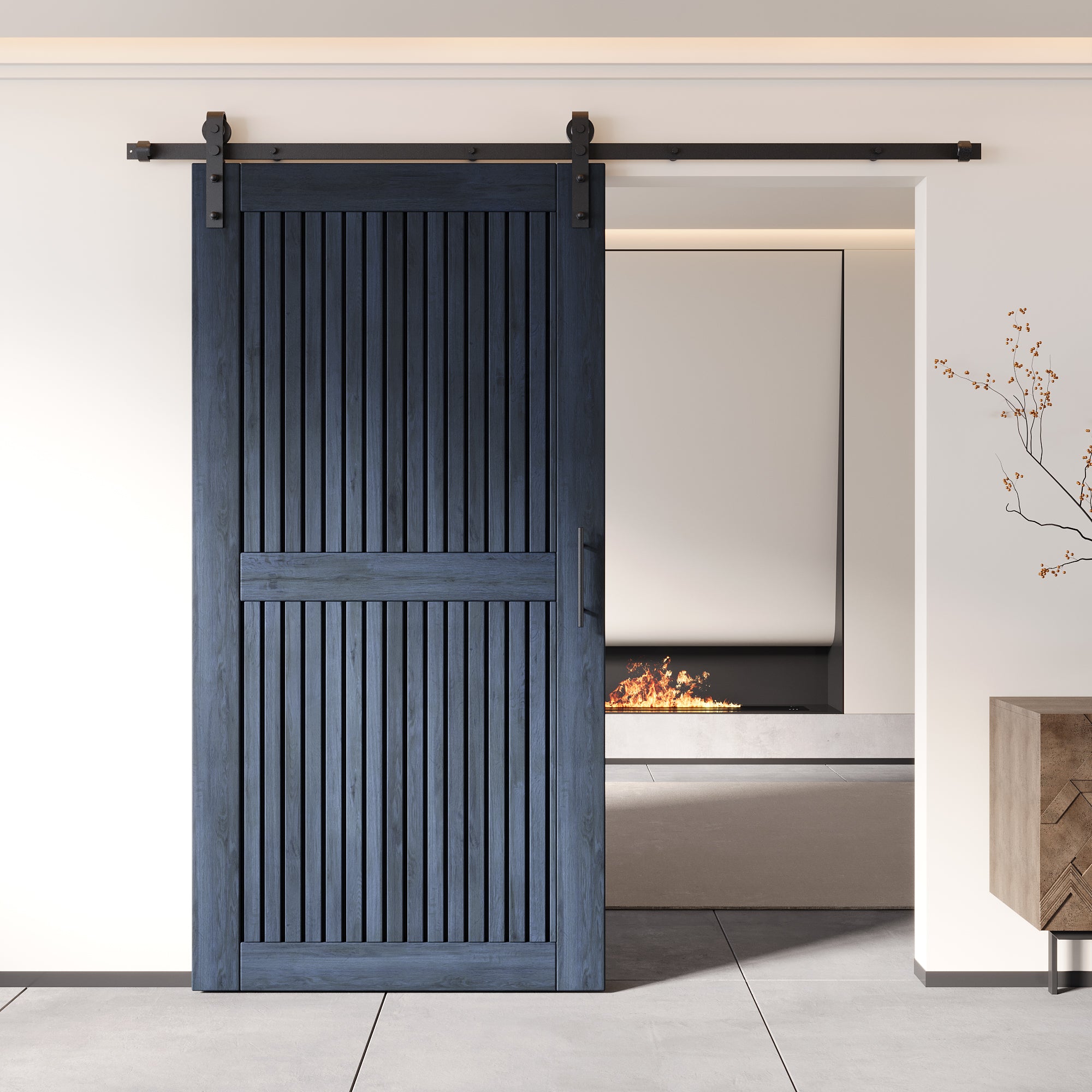 80" Height Navy Vertical Stripe Design Unassembled & Finished Pine Wood Barn Door with Non-Bypass Installation Hardware Kit(Interior Use Only)