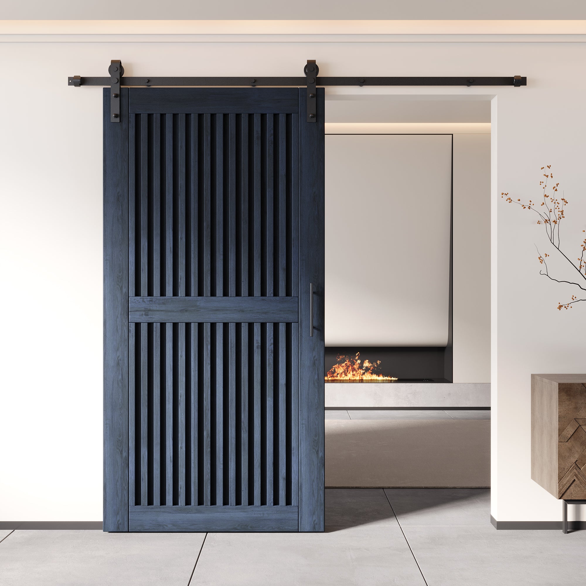 80" Height Navy Vertical Stripe Design Unassembled & Finished Pine Wood Barn Door with Non-Bypass Installation Hardware Kit(Interior Use Only)