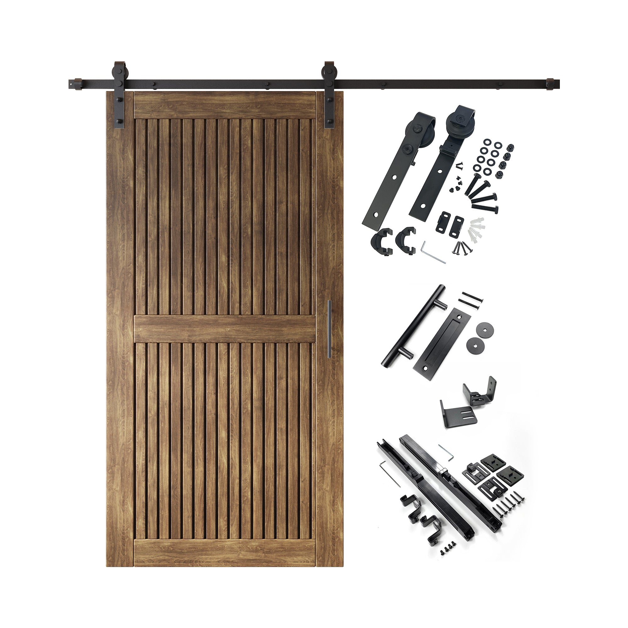 80" Height Dark Walnut Vertical Stripe Design Unassembled & Finished Pine Wood Barn Door with Non-Bypass Installation Hardware Kit(Interior Use Only)