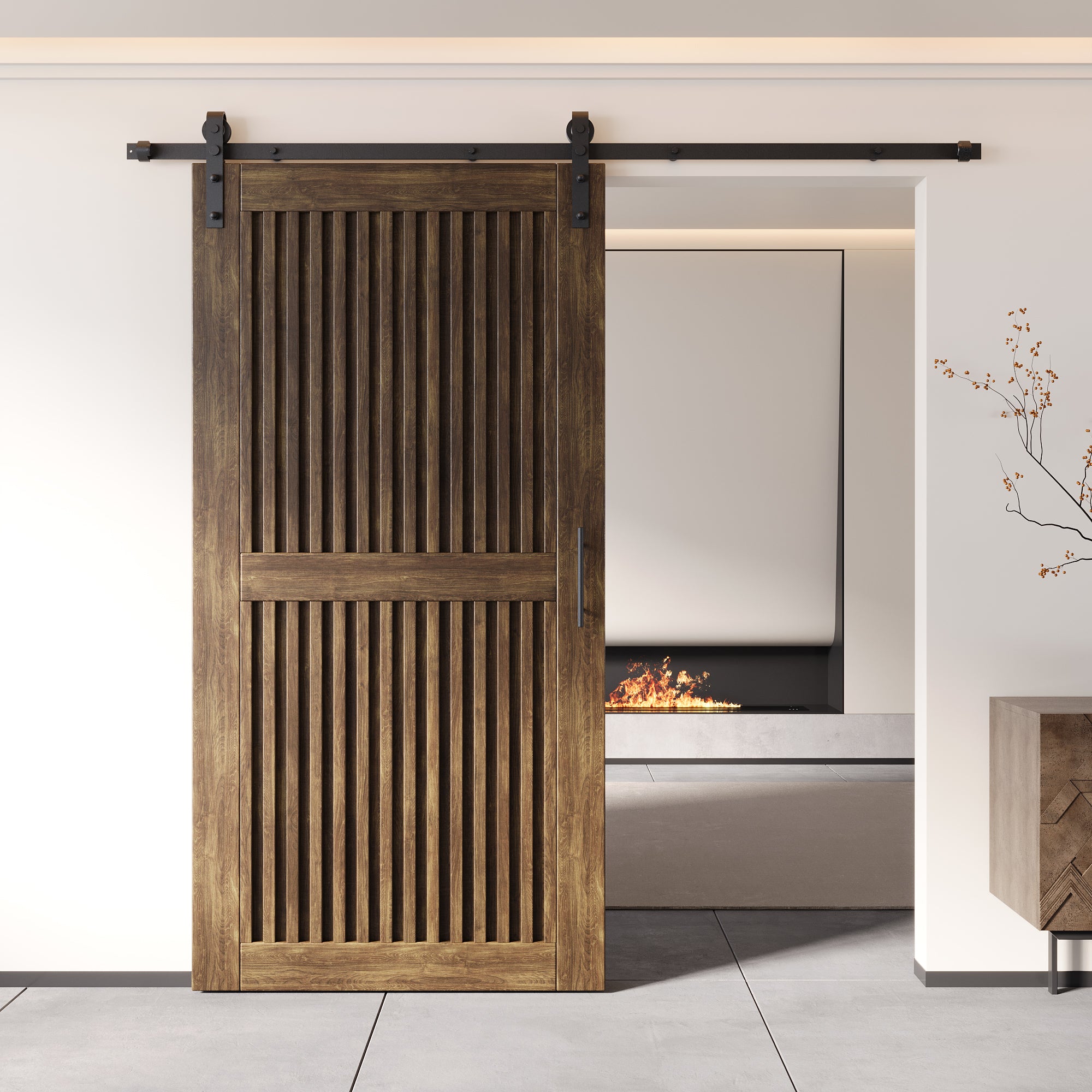 80" Height Dark Walnut Vertical Stripe Design Unassembled & Finished Pine Wood Barn Door with Non-Bypass Installation Hardware Kit(Interior Use Only)