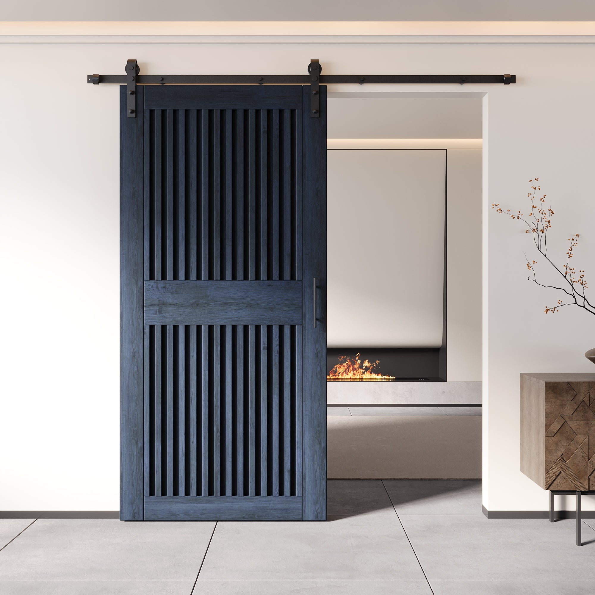 84" Height Navy Vertical Stripe Design Unassembled & Finished Pine Wood Barn Door with Non-Bypass Installation Hardware Kit(Interior Use Only)