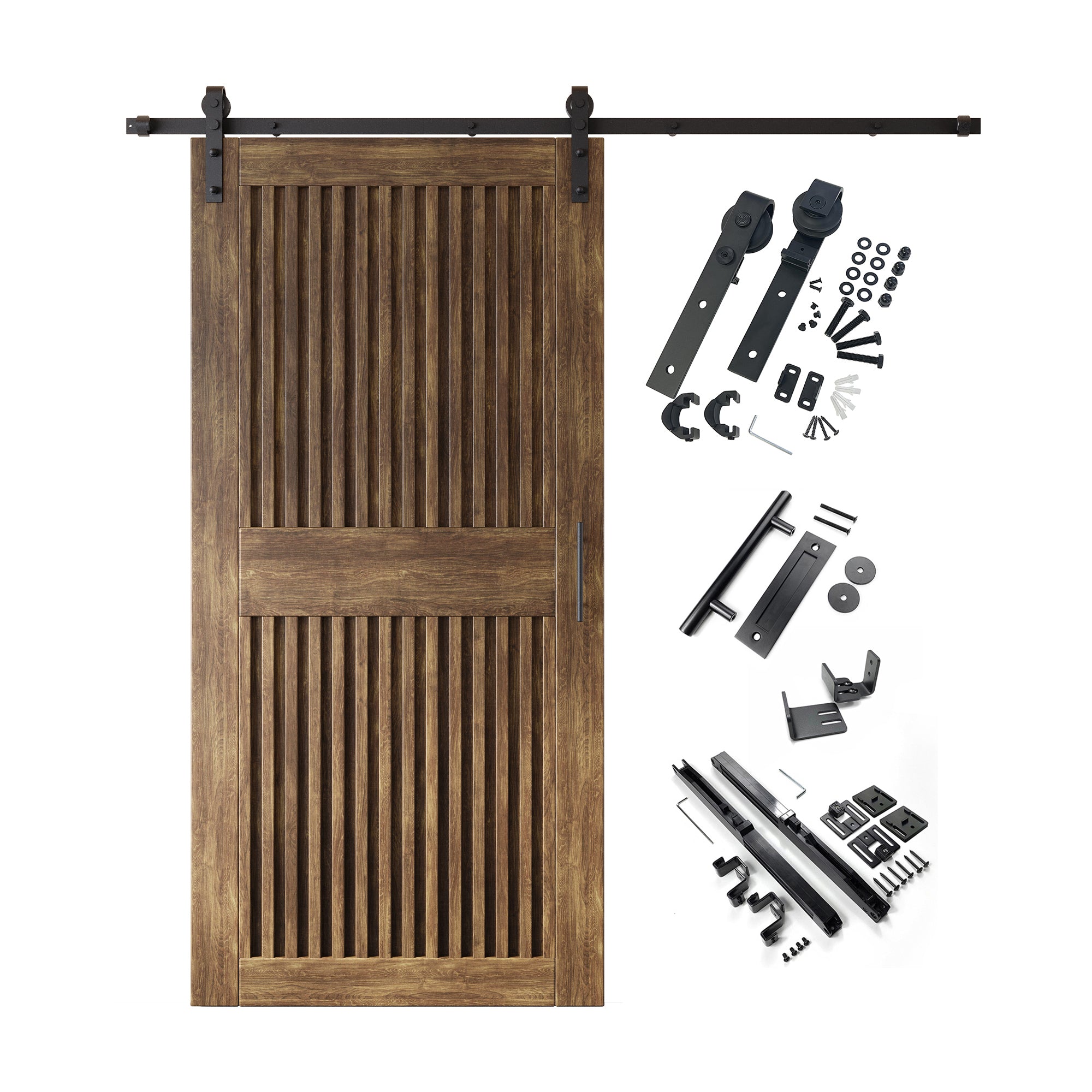 84" Height Dark Walnut Vertical Stripe Design Unassembled & Finished Pine Wood Barn Door with Non-Bypass Installation Hardware Kit(Interior Use Only)