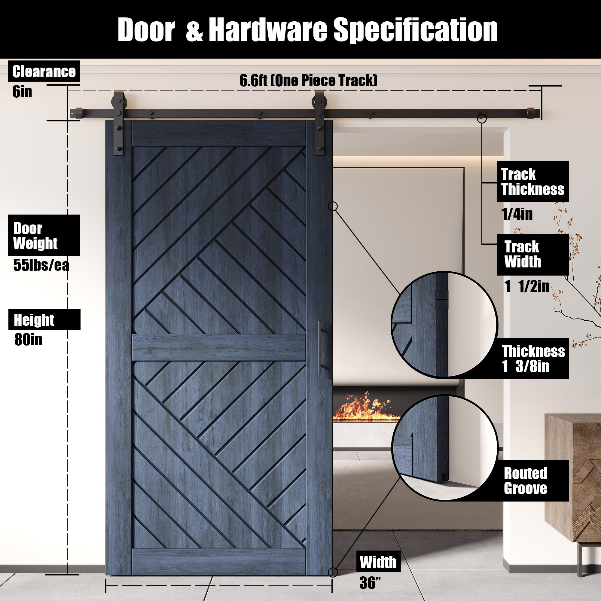 80" Height Navy Geometric Design Unassembled & Finished Pine Wood Barn Door with Non-Bypass Installation Hardware Kit(Interior Use Only)
