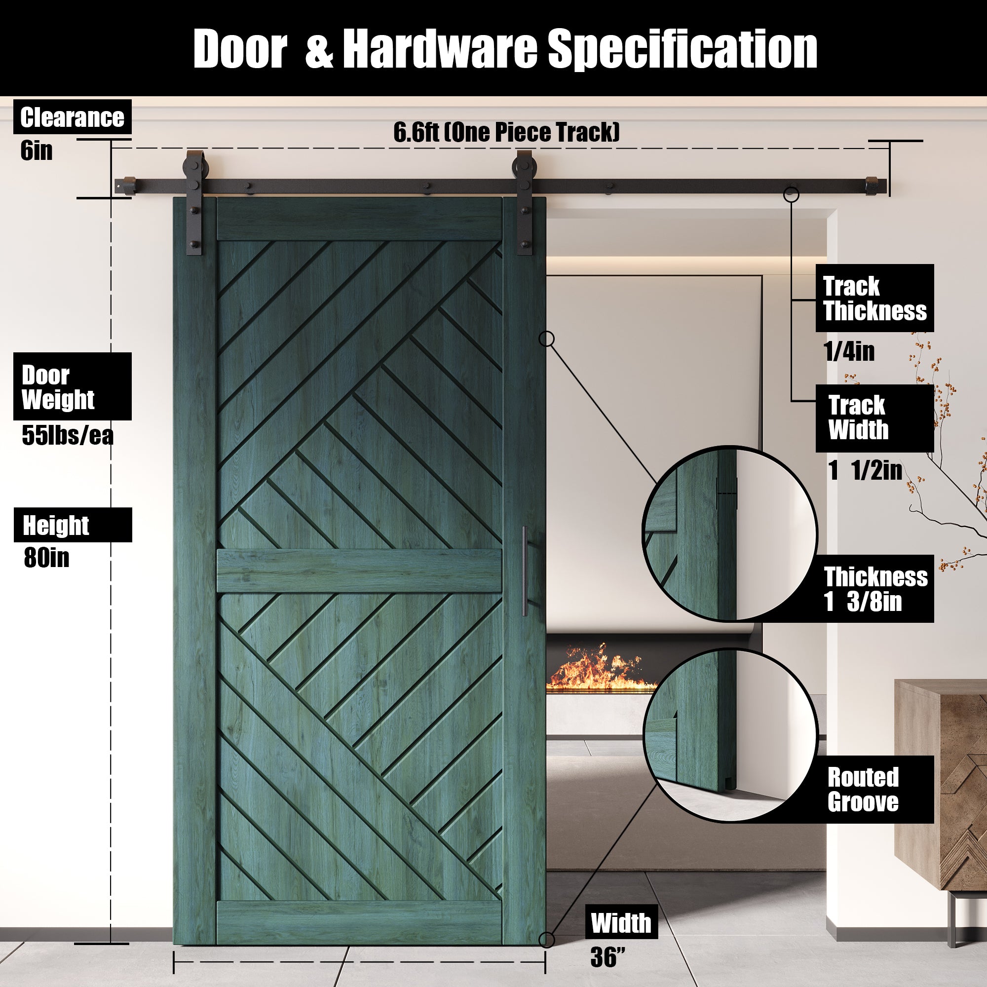80" Height Royal Pine Geometric Design Unassembled & Finished Pine Wood Barn Door with Non-Bypass Installation Hardware Kit(Interior Use Only)