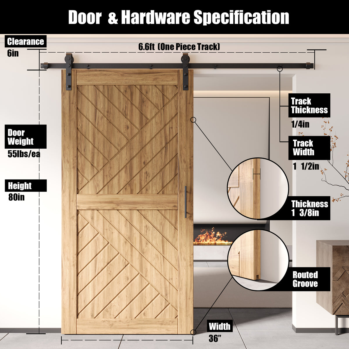 80" Height Geometric Design Unassembled & Unfinished Pine Wood Barn Door with Non-Bypass Installation Hardware Kit(Interior Use Only)