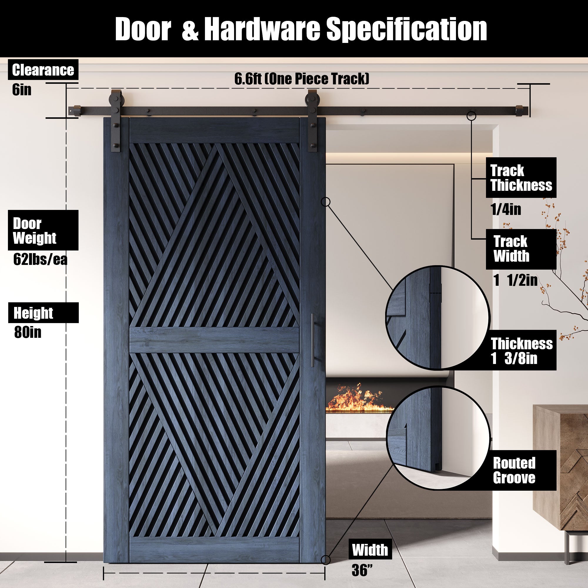 80" Height Navy Diamond Design Unassembled & Finished Pine Wood Barn Door with Non-Bypass Installation Hardware Kit(Interior Use Only)