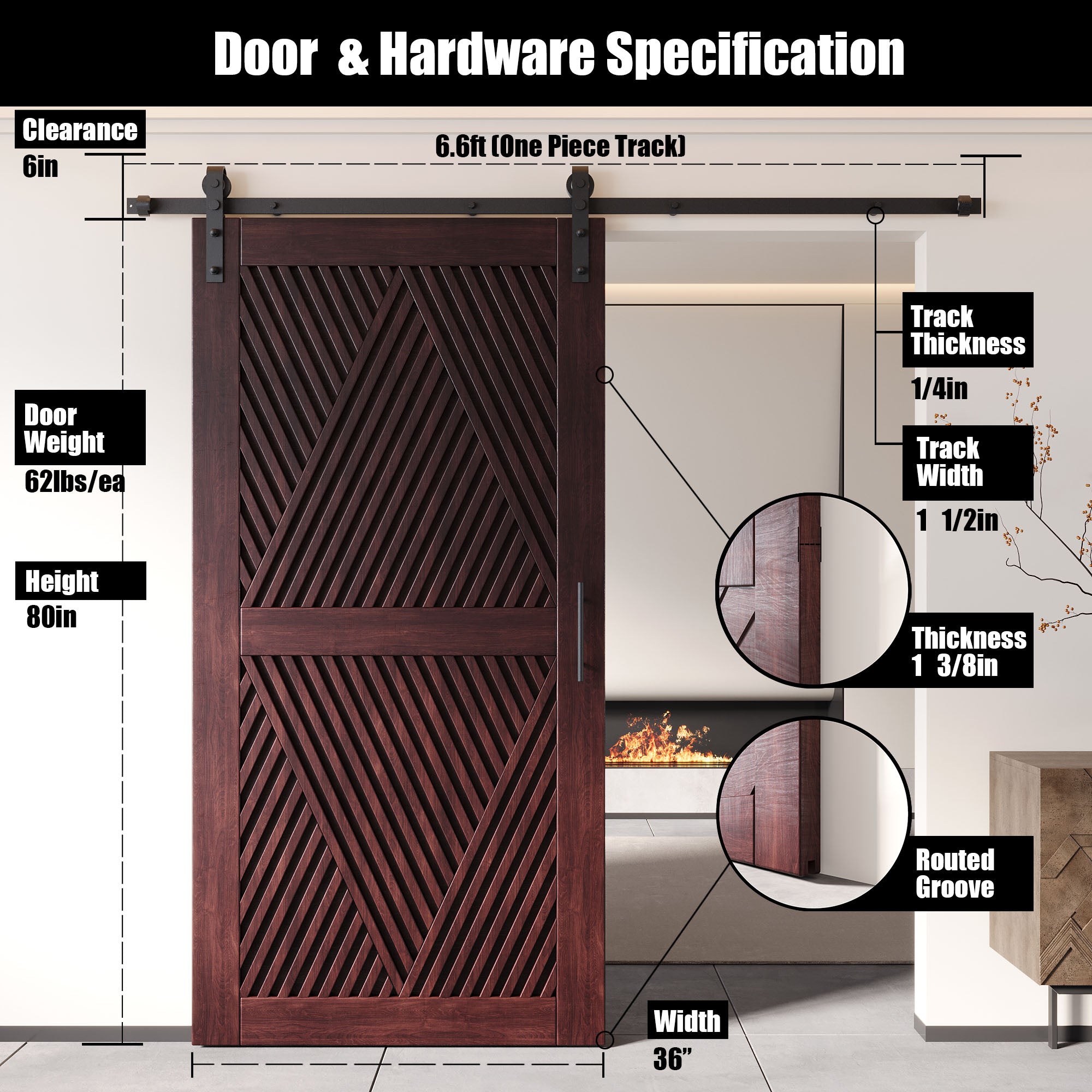 80" Height Red Mahogany Diamond Design Unassembled & Finished Pine Wood Barn Door with Non-Bypass Installation Hardware Kit(Interior Use Only)