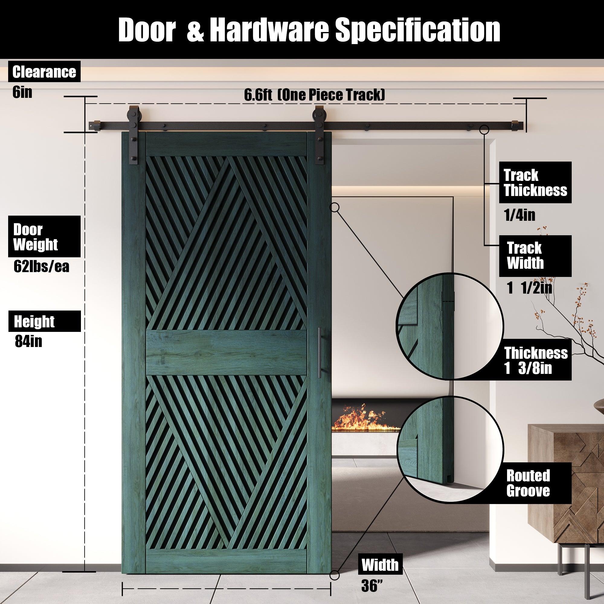 84" Height Royal Pine Diamond Design Unassembled & Finished Pine Wood Barn Door with Non-Bypass Installation Hardware Kit(Interior Use Only)
