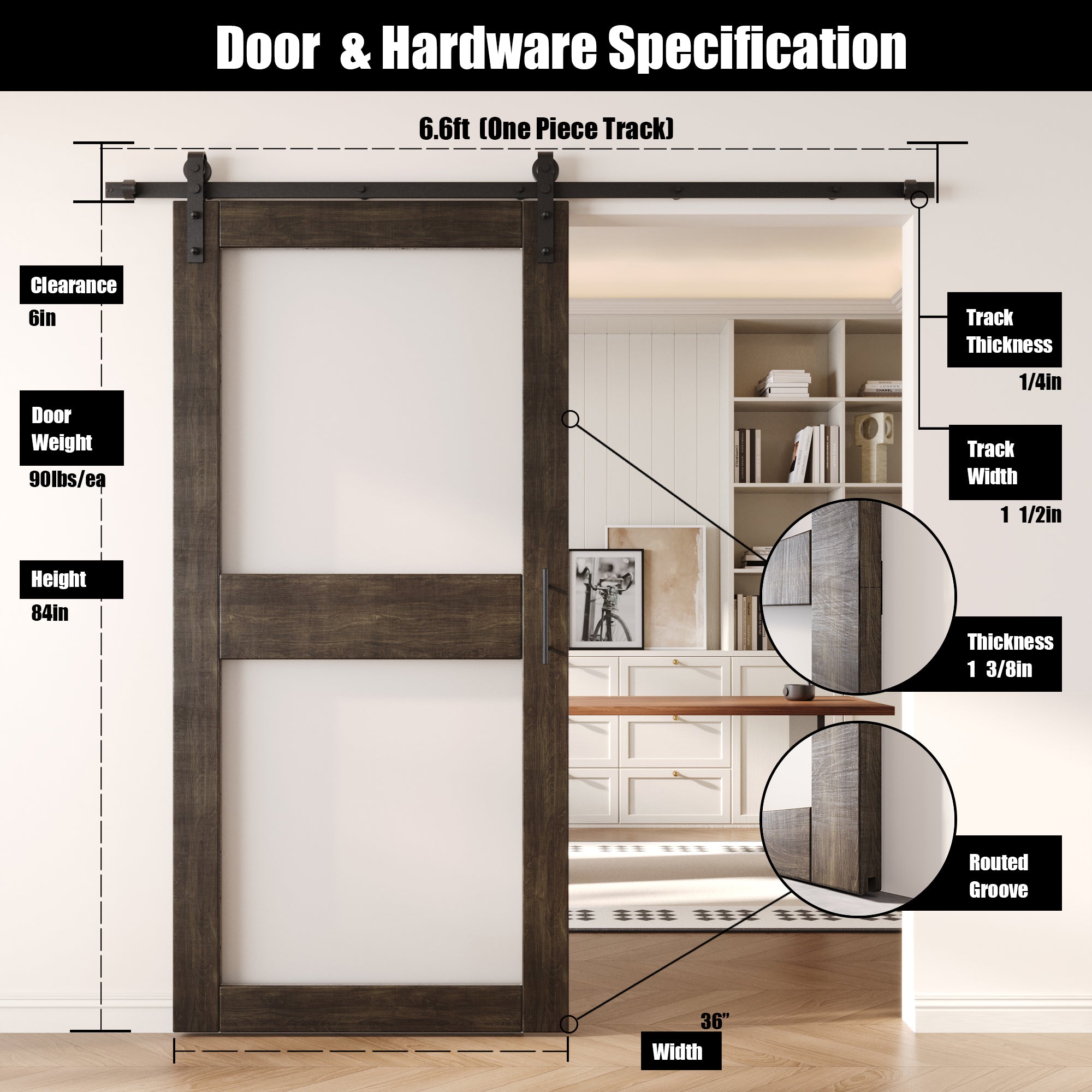 84" Height Ebony 2-Lite Frosted Glass Unassembled & Finished Pine Wood Barn Door with Non-Bypass Installation Hardware Kit (Interior Use Only)
