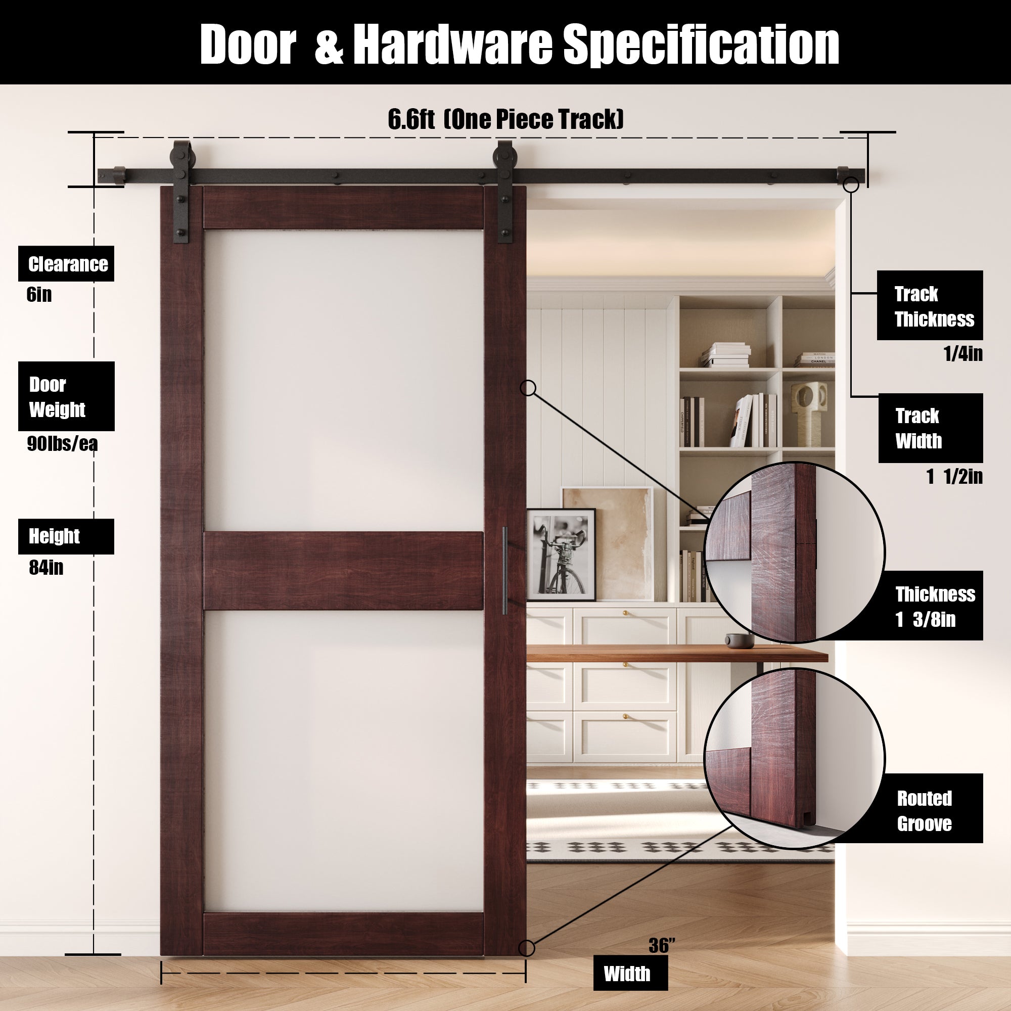 84" Height Red Mahogany 2-Lite Frosted Glass Unassembled & Finished Pine Wood Barn Door with Non-Bypass Installation Hardware Kit (Interior Use Only)