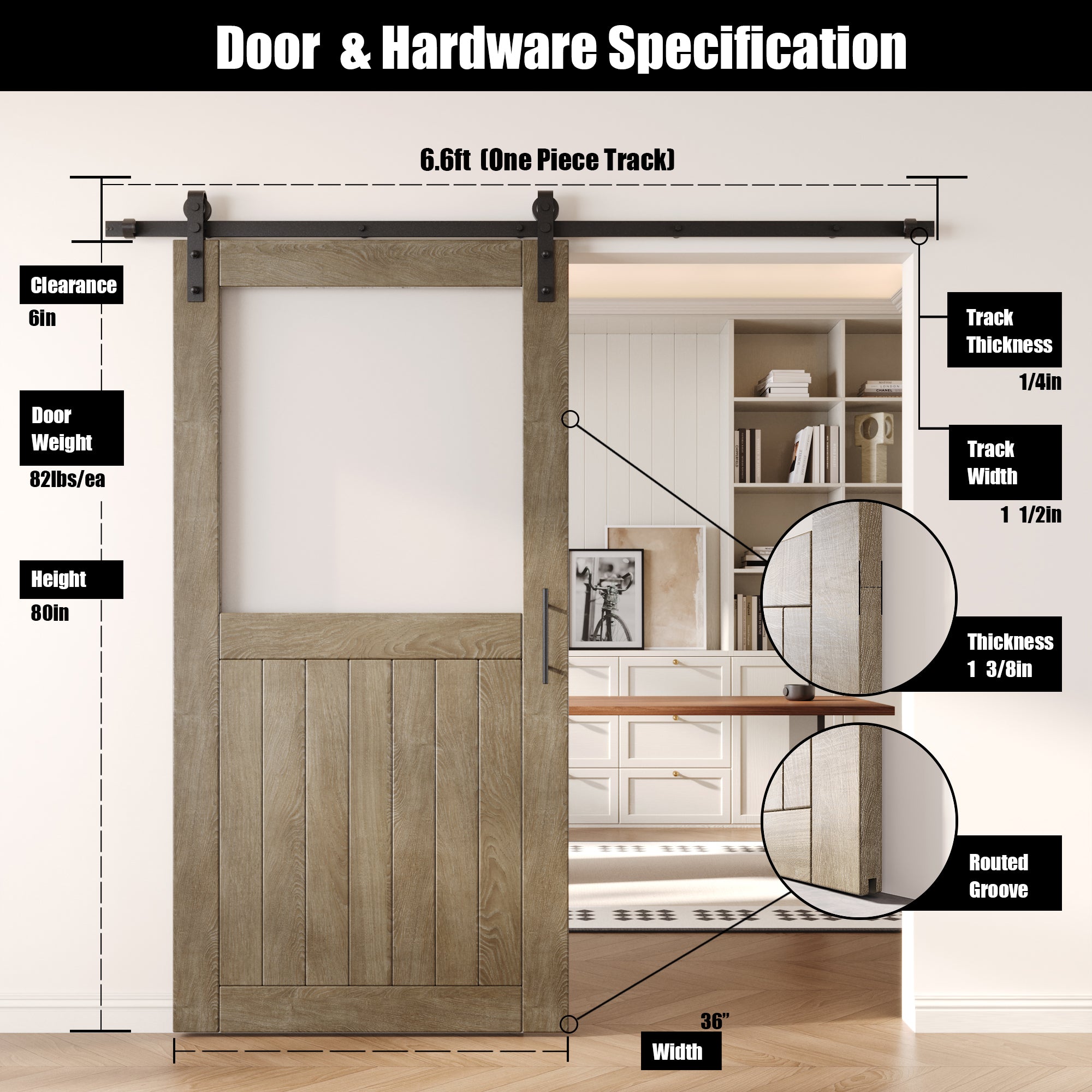 80" Height Classic Gray Half Lite Frosted Glass Unassembled & Finished Pine Wood Barn Door with Non-Bypass Installation Hardware Kit (Interior Use Only)