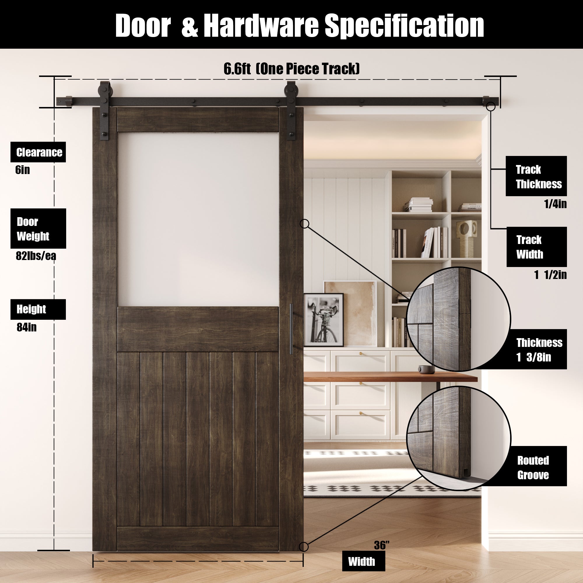 84" Height Ebony Half Lite Frosted Glass Unassembled & Finished Pine Wood Barn Door with Non-Bypass Installation Hardware Kit (Interior Use Only)