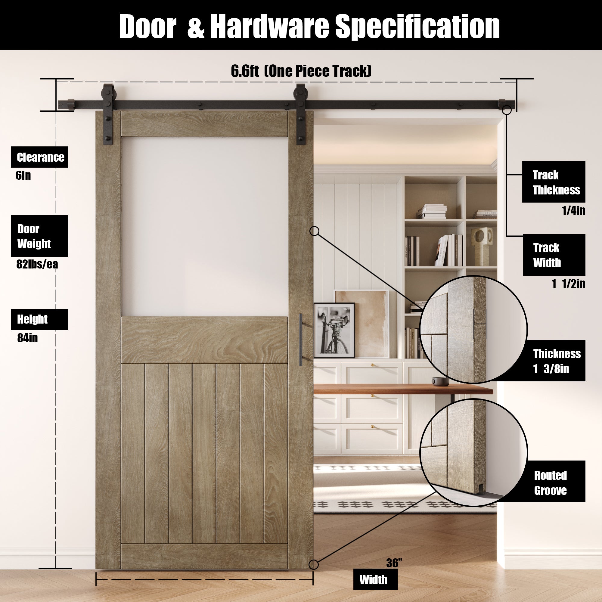84" Height Classic Gray Half Lite Frosted Glass Unassembled & Finished Pine Wood Barn Door with Non-Bypass Installation Hardware Kit (Interior Use Only)