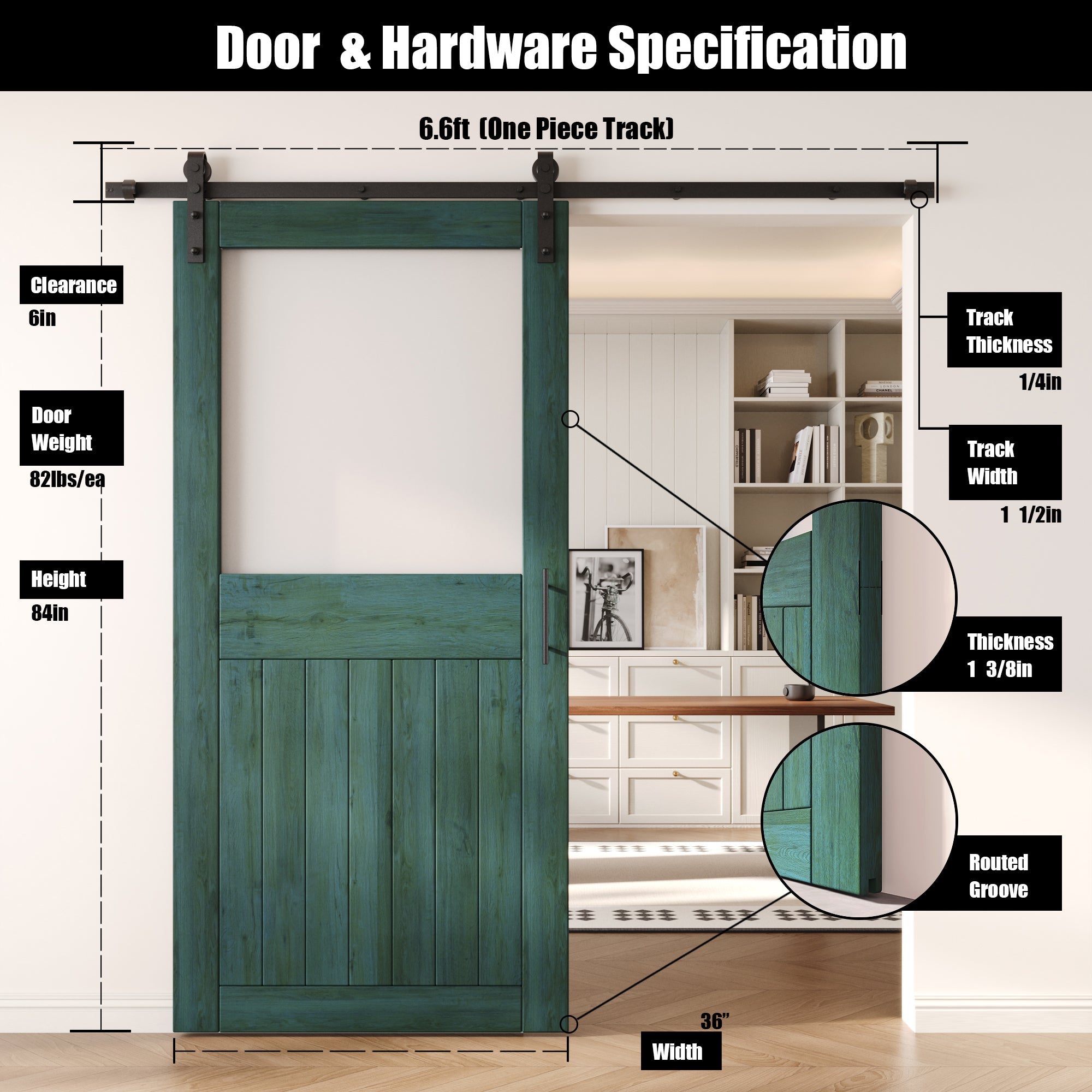 84" Height Royal Pine Half Lite Frosted Glass Unassembled & Finished Pine Wood Barn Door with Non-Bypass Installation Hardware Kit (Interior Use Only)