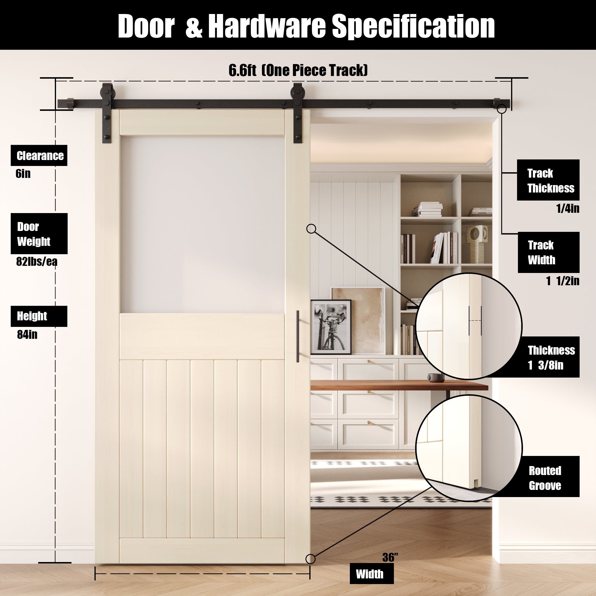 84" Height Tinsmith Gray Half Lite Frosted Glass Unassembled & Finished Pine Wood Barn Door with Non-Bypass Installation Hardware Kit (Interior Use Only)