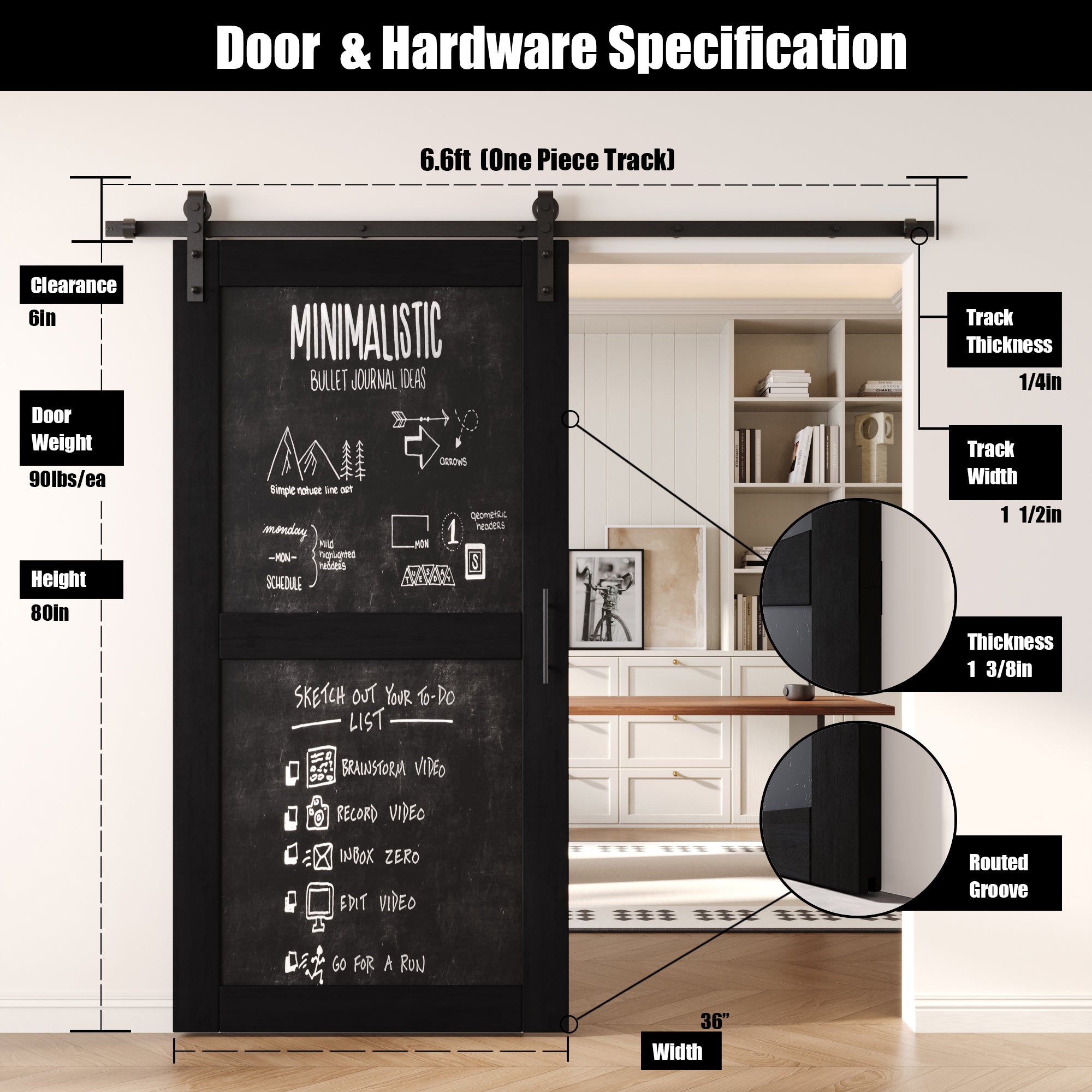 80" Height Black Chalkboard Design Unassembled & Finished Pine Wood Barn Door with Non-Bypass Installation Hardware Kit (Interior Use Only)