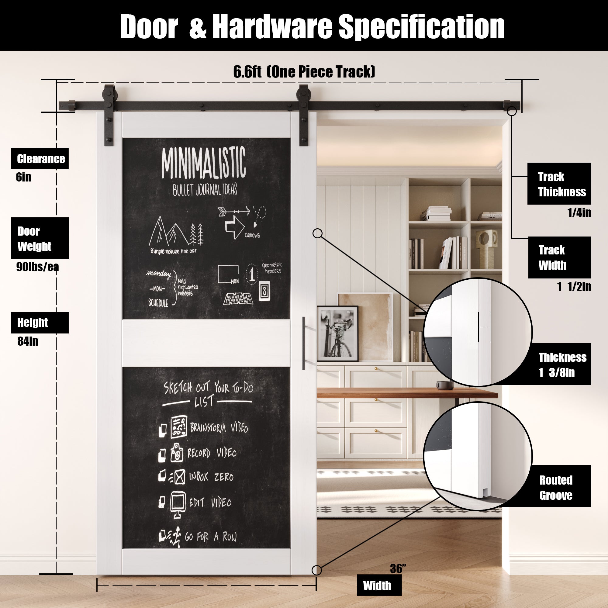 84" Height White Chalkboard Design Unassembled & Finished Pine Wood Barn Door with Non-Bypass Installation Hardware Kit (Interior Use Only)