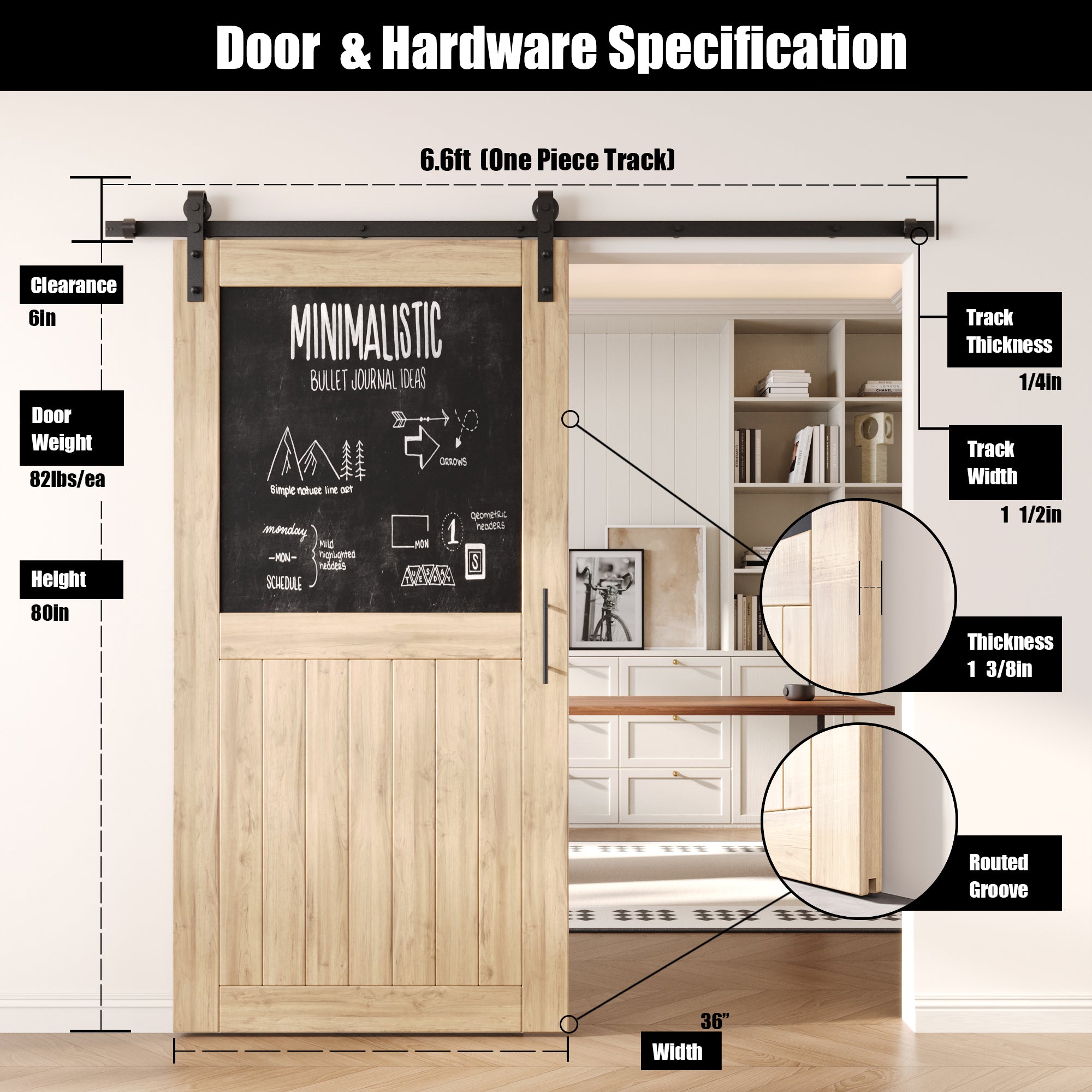 80" Height Top Chalkboard Panel Unassembled & Unfinished Pine Wood Barn Door with Non-Bypass Installation Hardware Kit (Interior Use Only)