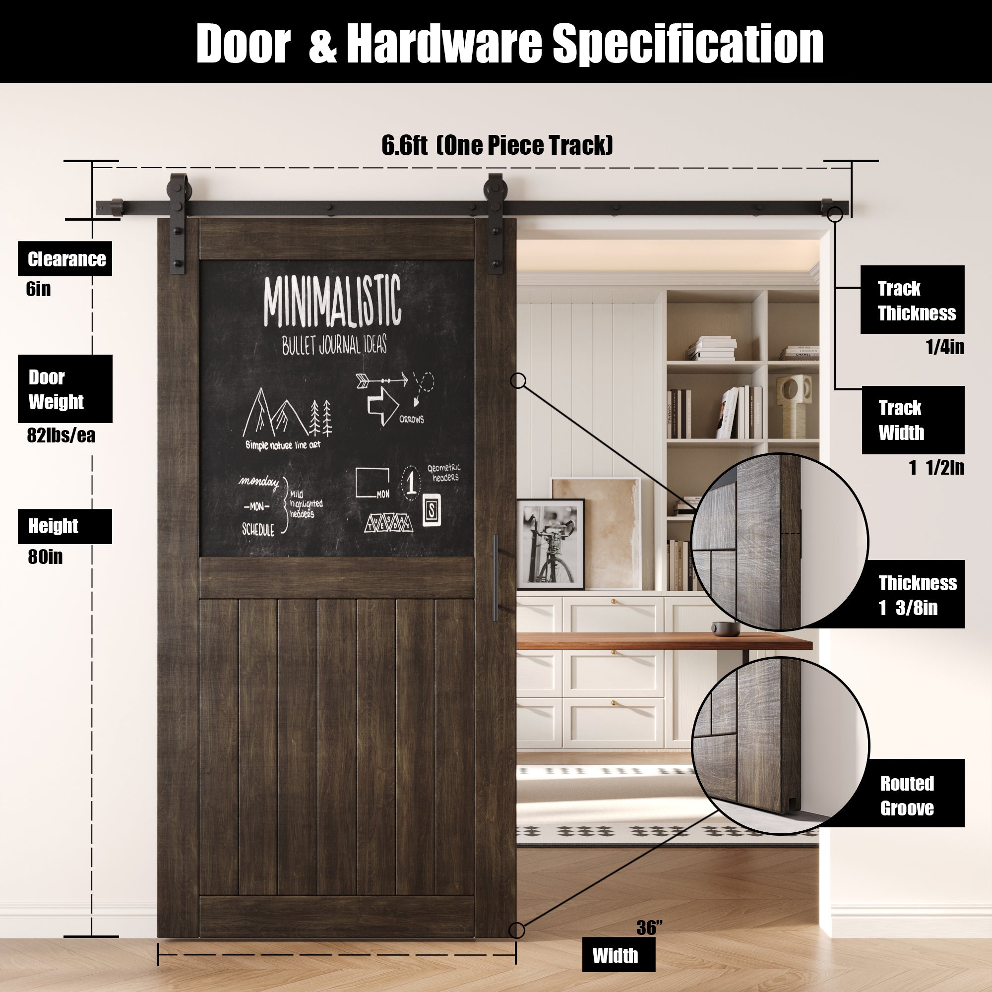 80" Height Ebony Top Chalkboard Panel Unassembled & Finished Pine Wood Barn Door with Non-Bypass Installation Hardware Kit (Interior Use Only)