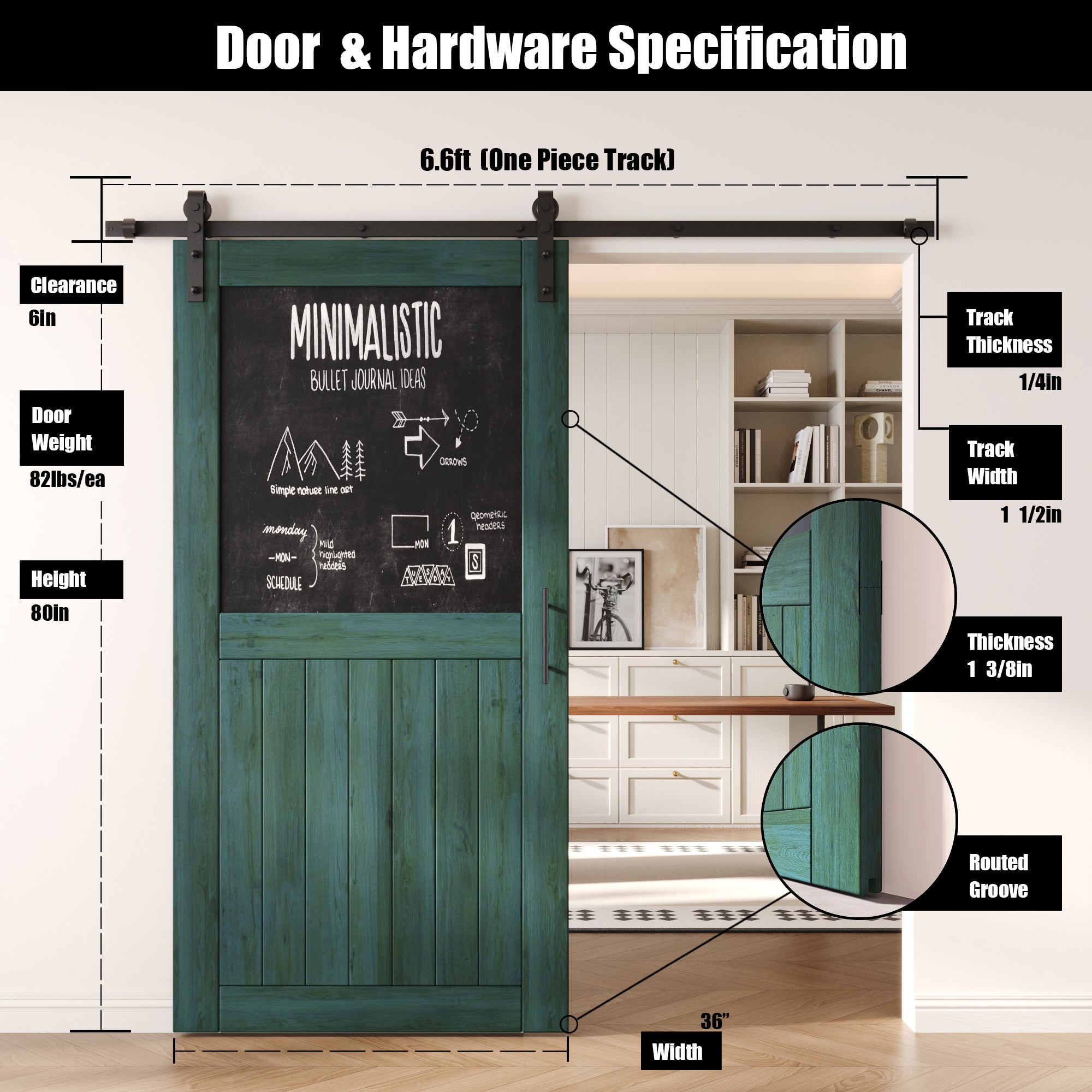80" Height Royal Pine Top Chalkboard Panel Unassembled & Finished Pine Wood Barn Door with Non-Bypass Installation Hardware Kit (Interior Use Only)