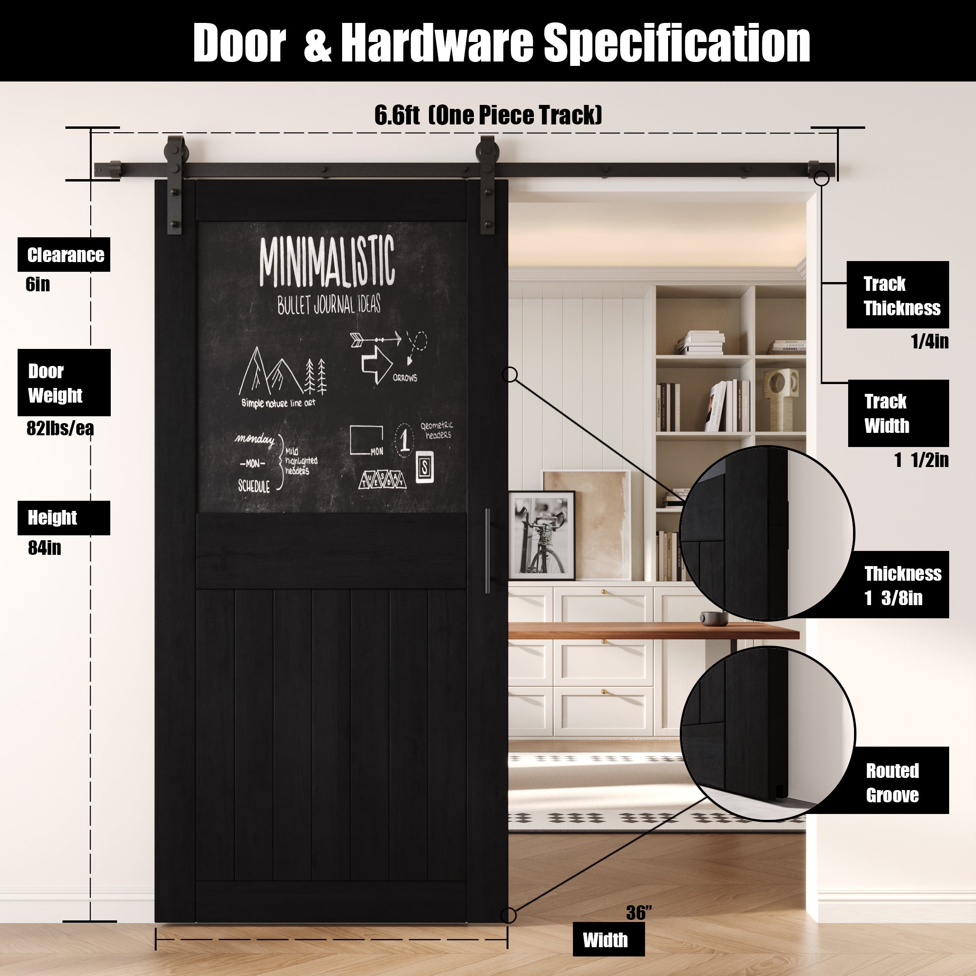 84" Height Black Top Chalkboard Panel Unassembled & Finished Pine Wood Barn Door with Non-Bypass Installation Hardware Kit (Interior Use Only)