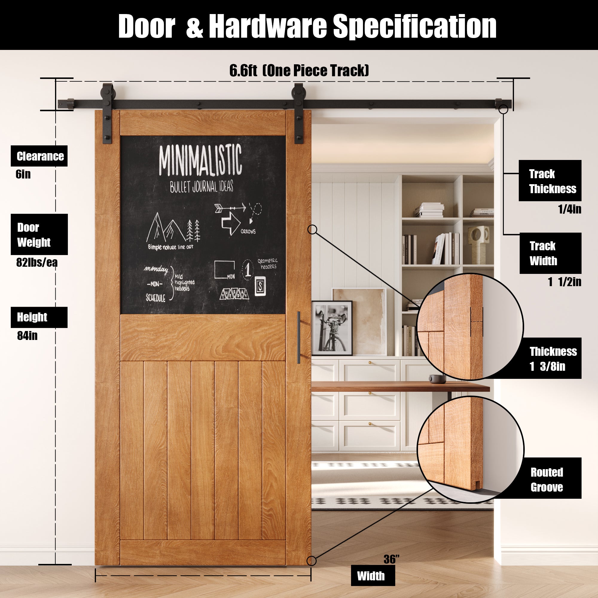 84" Height Early American Top Chalkboard Panel Unassembled & Finished Pine Wood Barn Door with Non-Bypass Installation Hardware Kit (Interior Use Only)