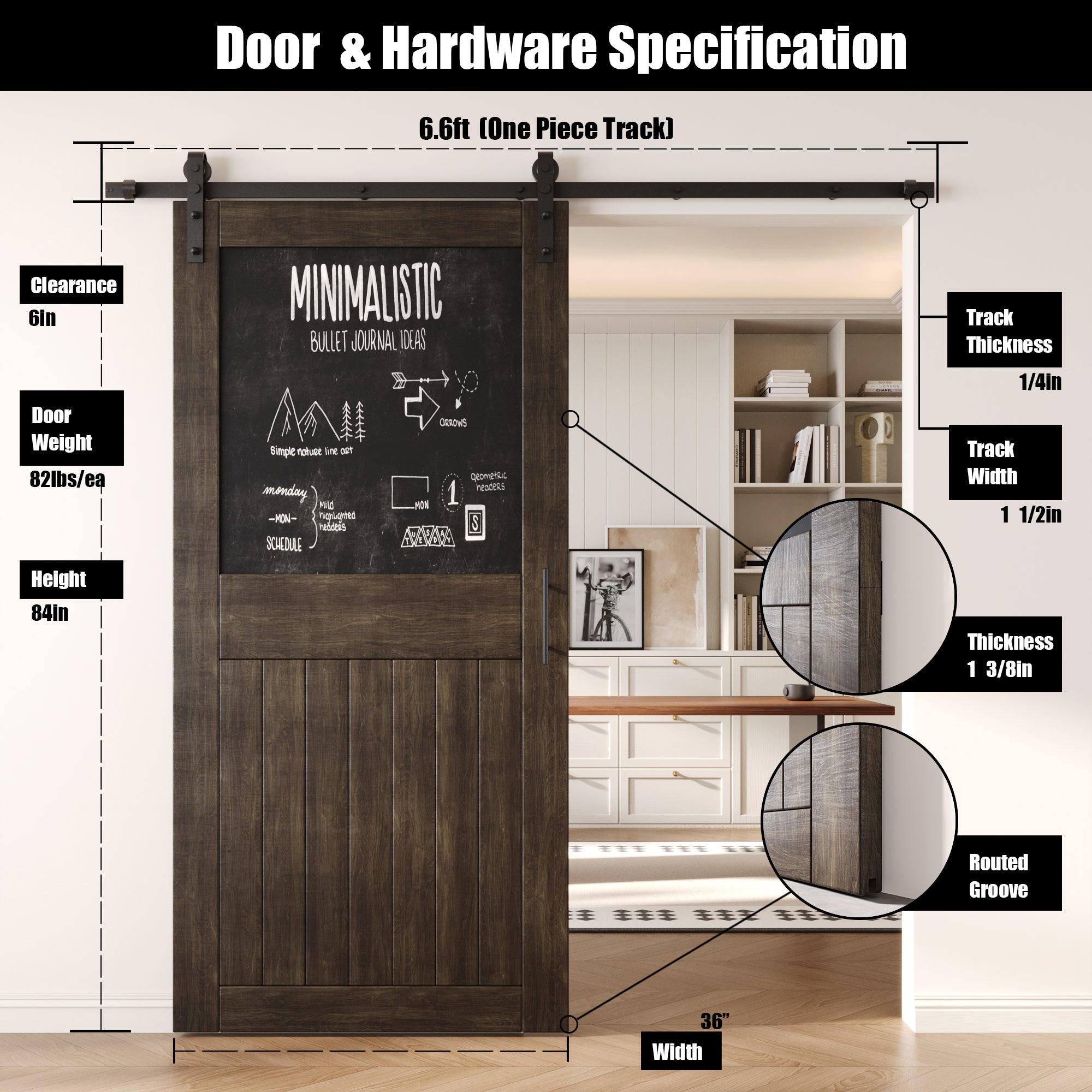 84" Height Ebony Top Chalkboard Panel Unassembled & Finished Pine Wood Barn Door with Non-Bypass Installation Hardware Kit (Interior Use Only)