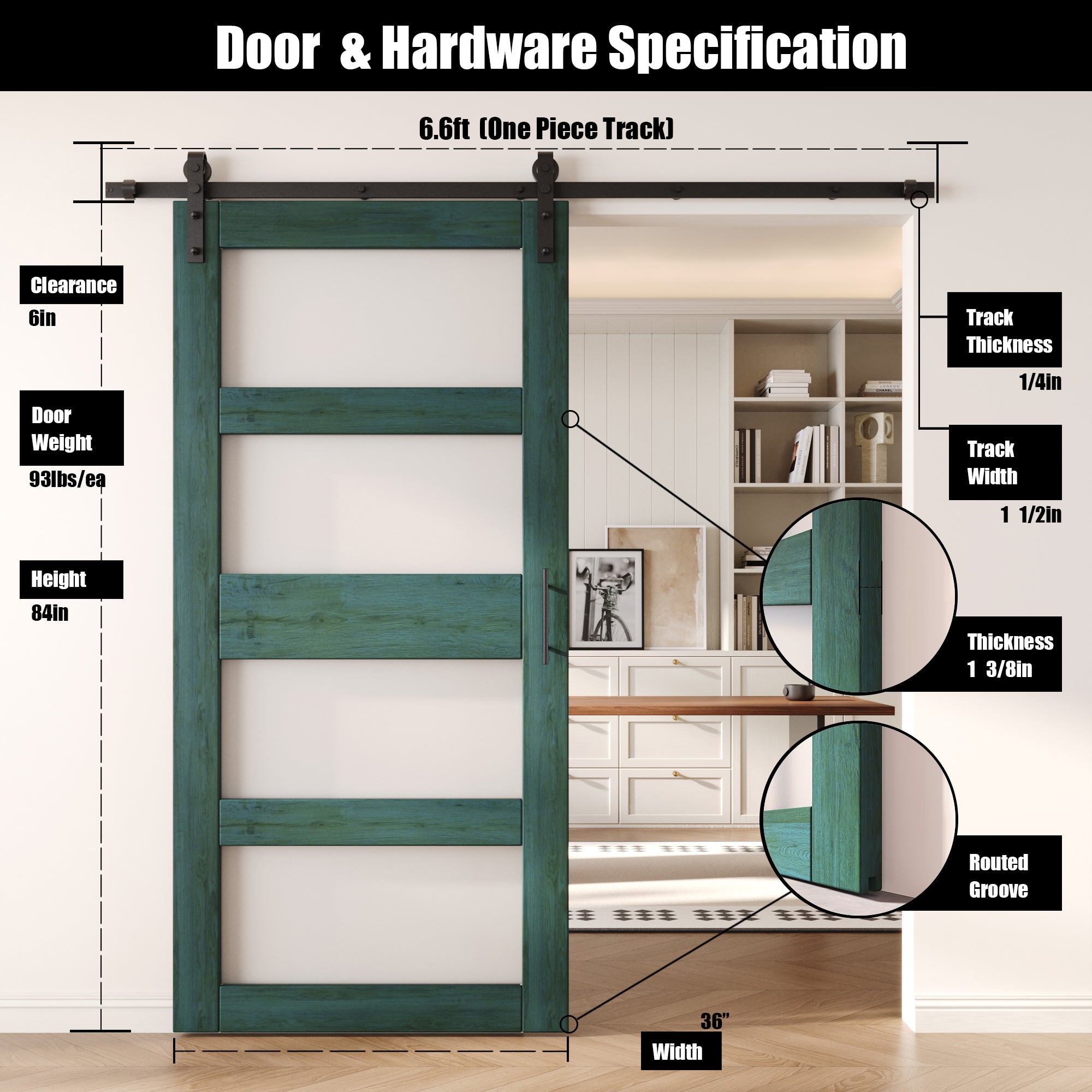 84" Height Royal Pine 4-Lite Frosted Glass Unassembled & Finished Pine Wood Barn Door with Non-Bypass Installation Hardware Kit (Interior Use Only)