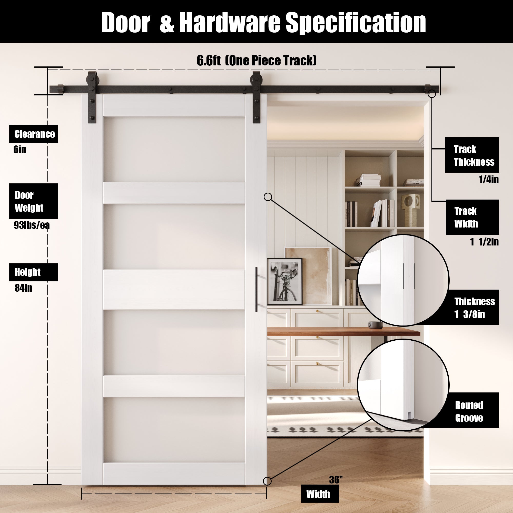 84" Height White 4-Lite Frosted Glass Unassembled & Finished Pine Wood Barn Door with Non-Bypass Installation Hardware Kit (Interior Use Only)