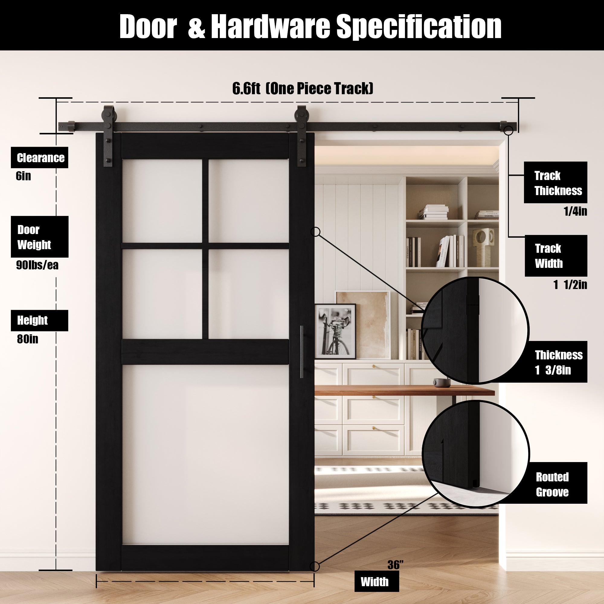80" Height Black 5-Lite Frosted Glass Unassembled & Finished Pine Wood Barn Door with Non-Bypass Installation Hardware Kit (Interior Use Only)