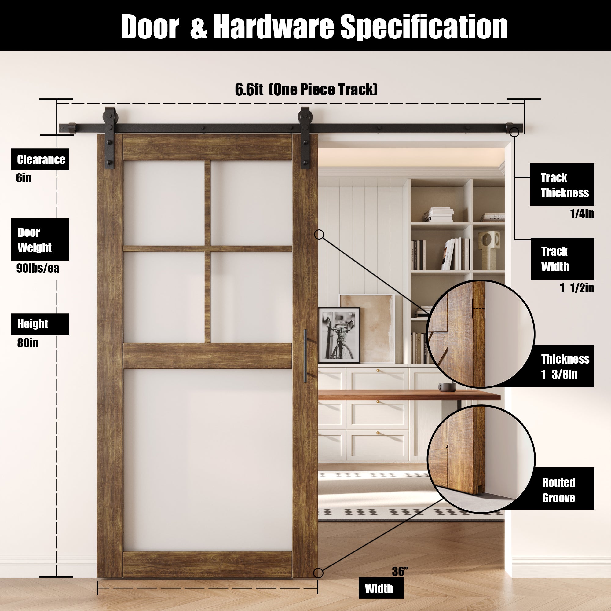 80" Height Dark Walnut 5-Lite Frosted Glass Unassembled & Finished Pine Wood Barn Door with Non-Bypass Installation Hardware Kit (Interior Use Only)