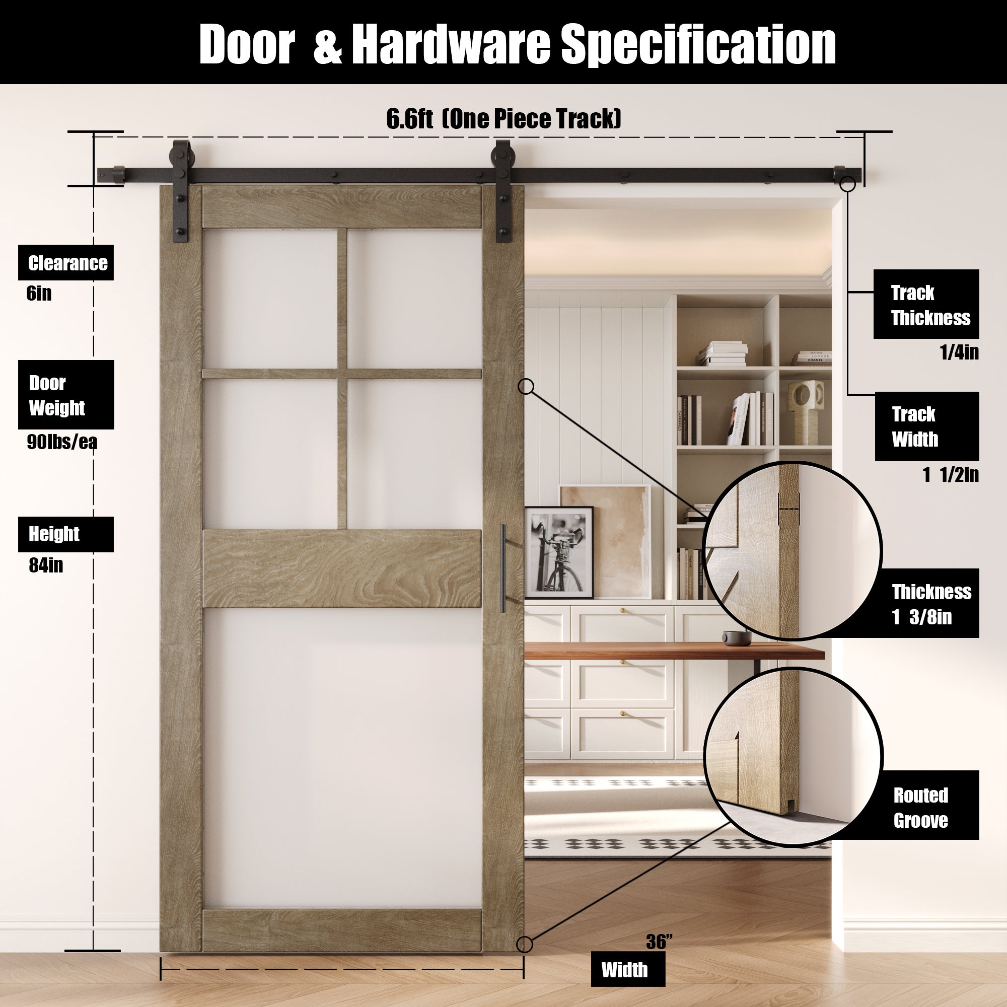 84" Height Classic Gray 5-Lite Frosted Glass Unassembled & Finished Pine Wood Barn Door with Non-Bypass Installation Hardware Kit (Interior Use Only)