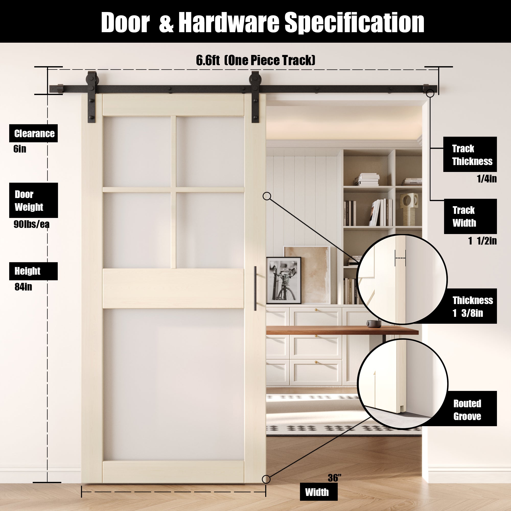 84" Height Tinsmith Gray 5-Lite Frosted Glass Unassembled & Finished Pine Wood Barn Door with Non-Bypass Installation Hardware Kit (Interior Use Only)