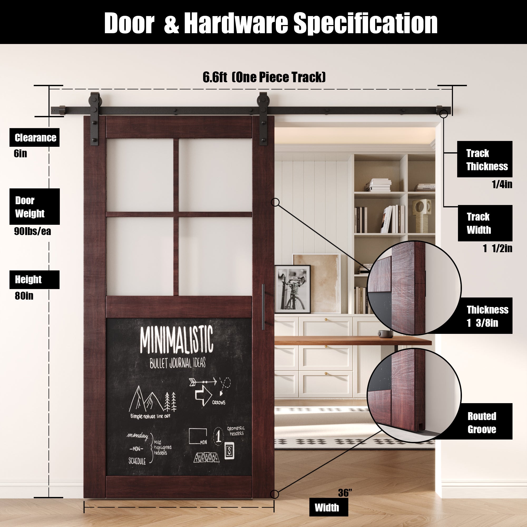 80" Height Red Mahogany Half Lite Chalkboard Unassembled & Finished Pine Wood Barn Door with Non-Bypass Installation Hardware Kit (Interior Use Only)