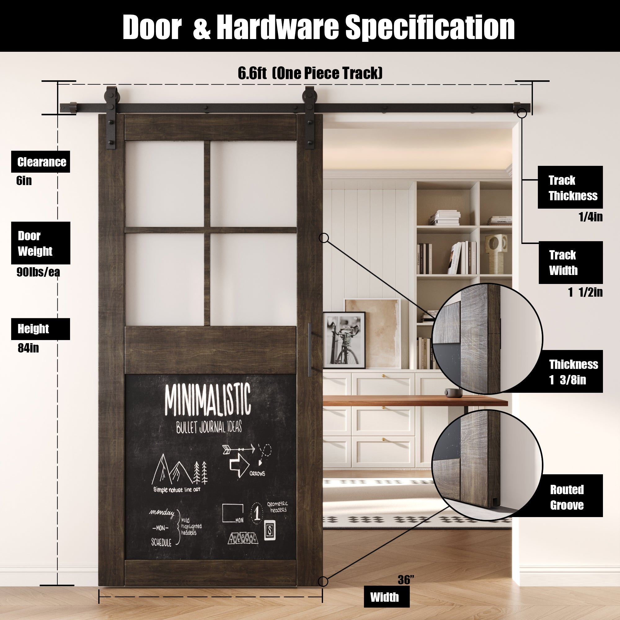 84" Height Ebony Half Lite Chalkboard Unassembled & Finished Pine Wood Barn Door with Non-Bypass Installation Hardware Kit (Interior Use Only)
