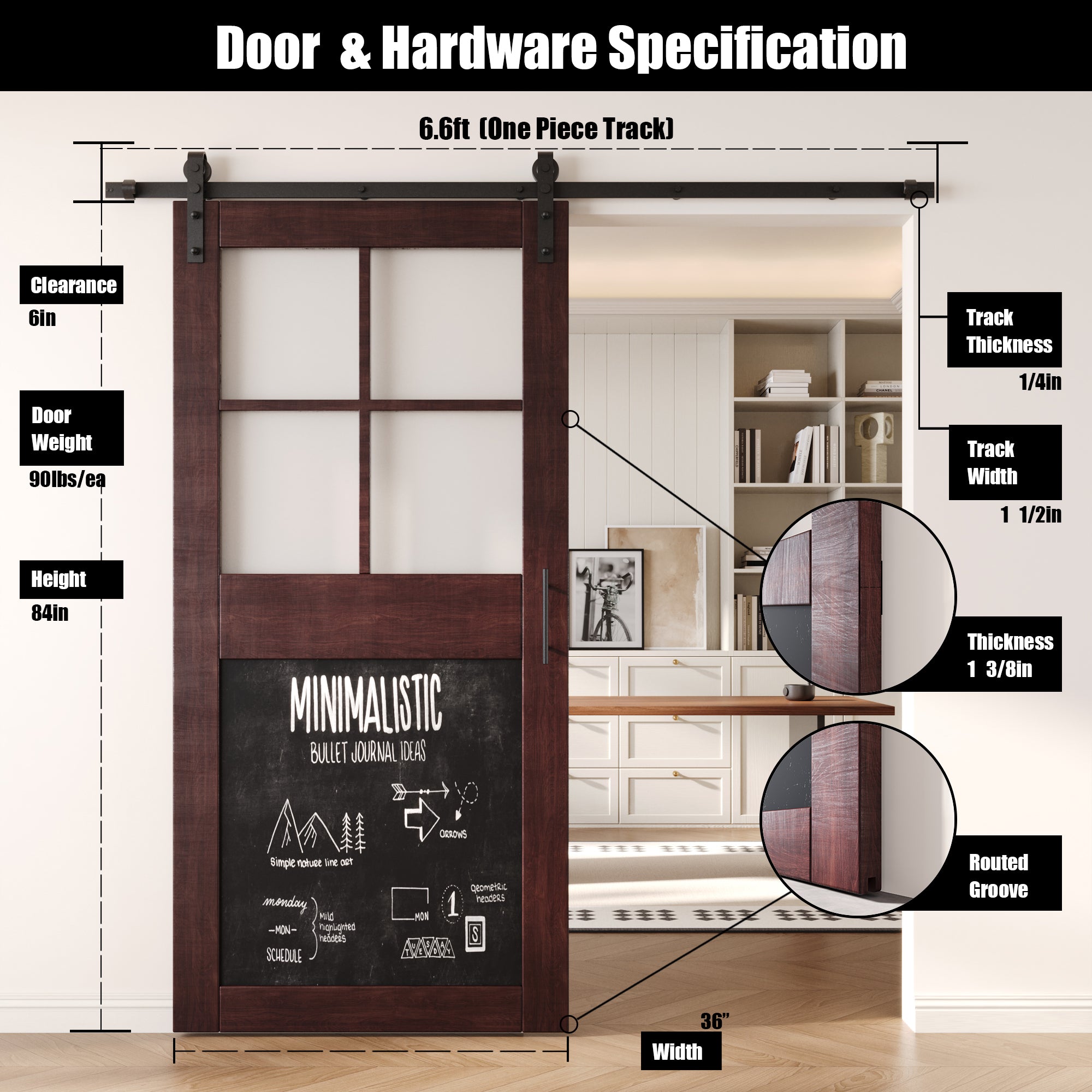 84" Height Red Mahogany Half Lite Chalkboard Unassembled & Finished Pine Wood Barn Door with Non-Bypass Installation Hardware Kit (Interior Use Only)