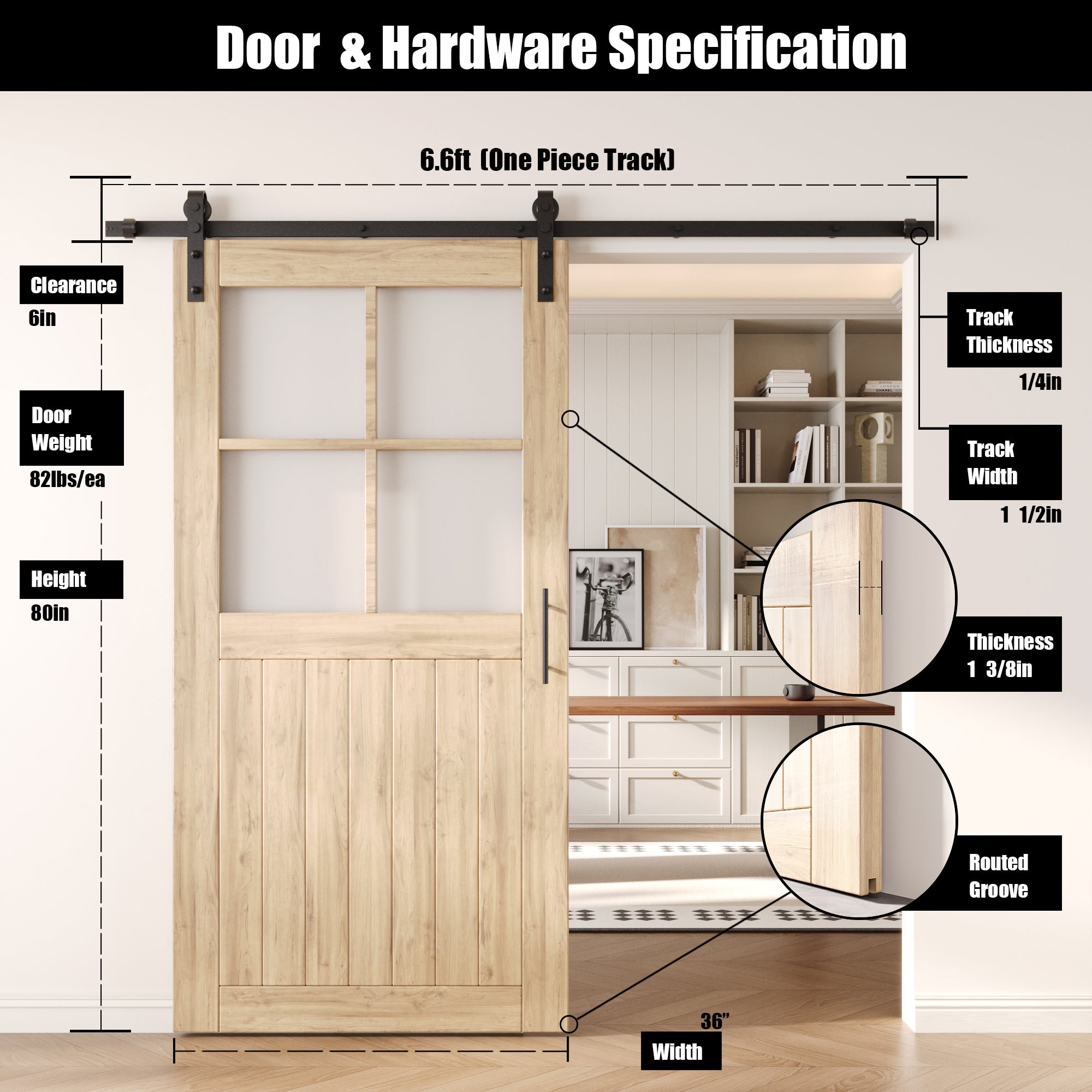 80" Height Half Lite Grid Glass Unassembled & Unfinished Pine Wood Barn Door with Non-Bypass Installation Hardware Kit (Interior Use Only)