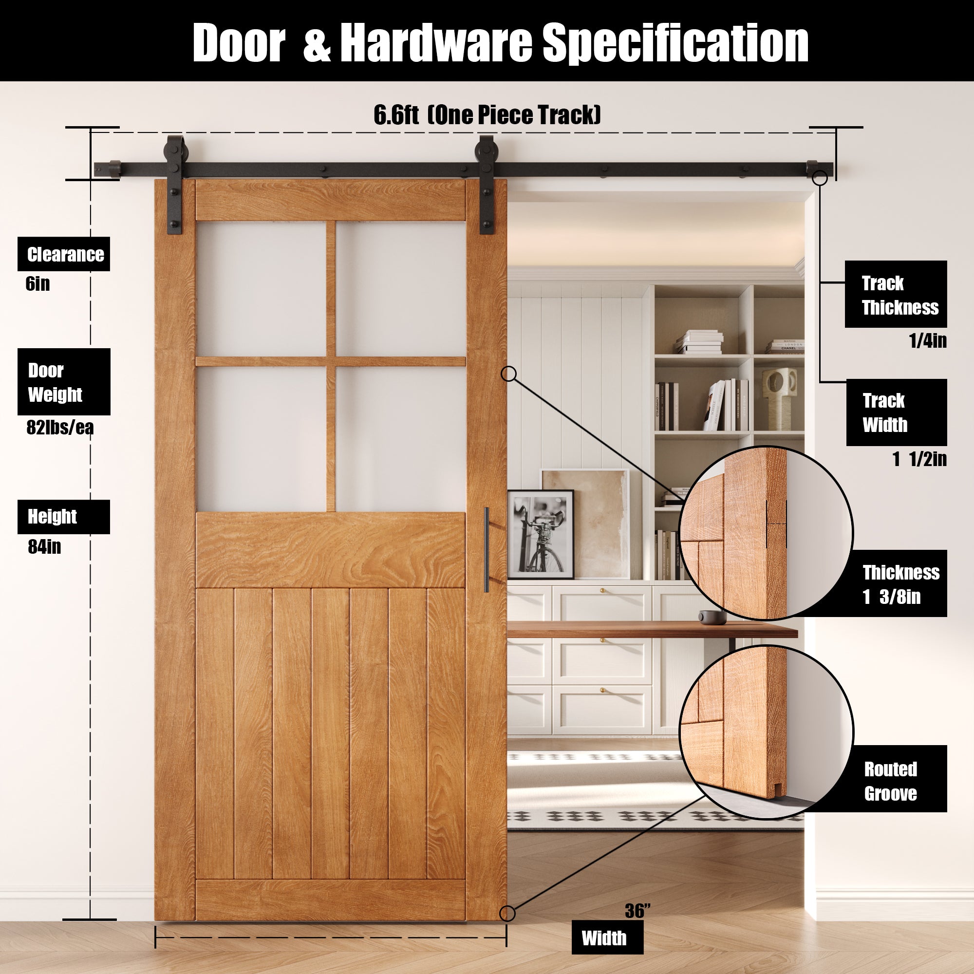 84" Height Early American Half Lite Grid Glass Unassembled & Finished Pine Wood Barn Door with Non-Bypass Installation Hardware Kit (Interior Use Only)