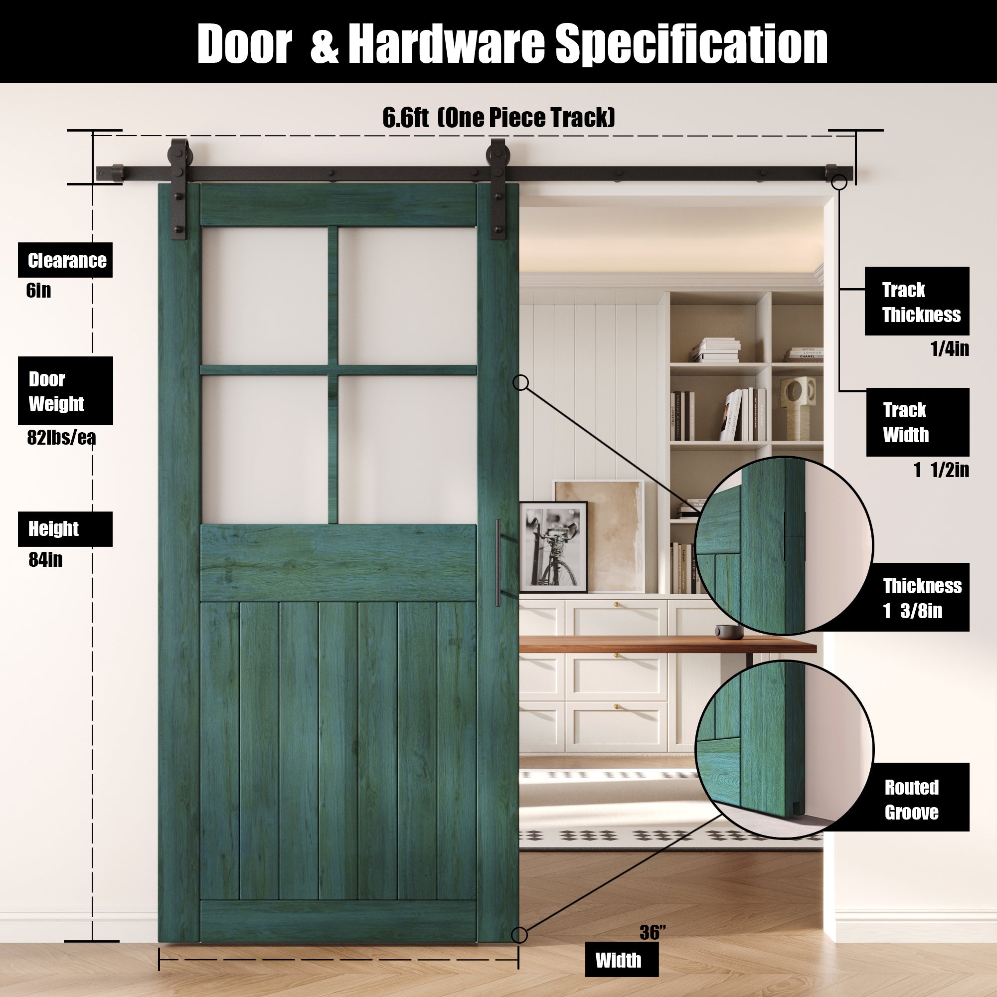 84" Height Royal Pine Half Lite Grid Glass Unassembled & Finished Pine Wood Barn Door with Non-Bypass Installation Hardware Kit (Interior Use Only)