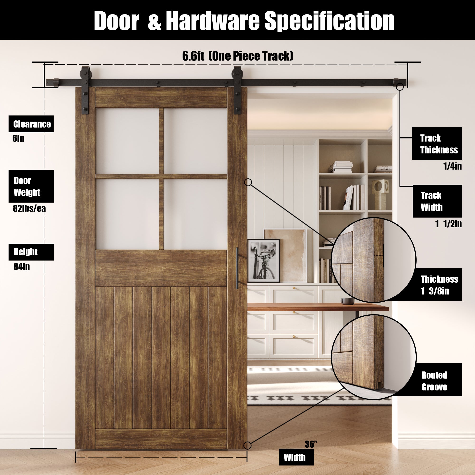 84" Height Dark Walnut Half Lite Grid Glass Unassembled & Finished Pine Wood Barn Door with Non-Bypass Installation Hardware Kit (Interior Use Only)