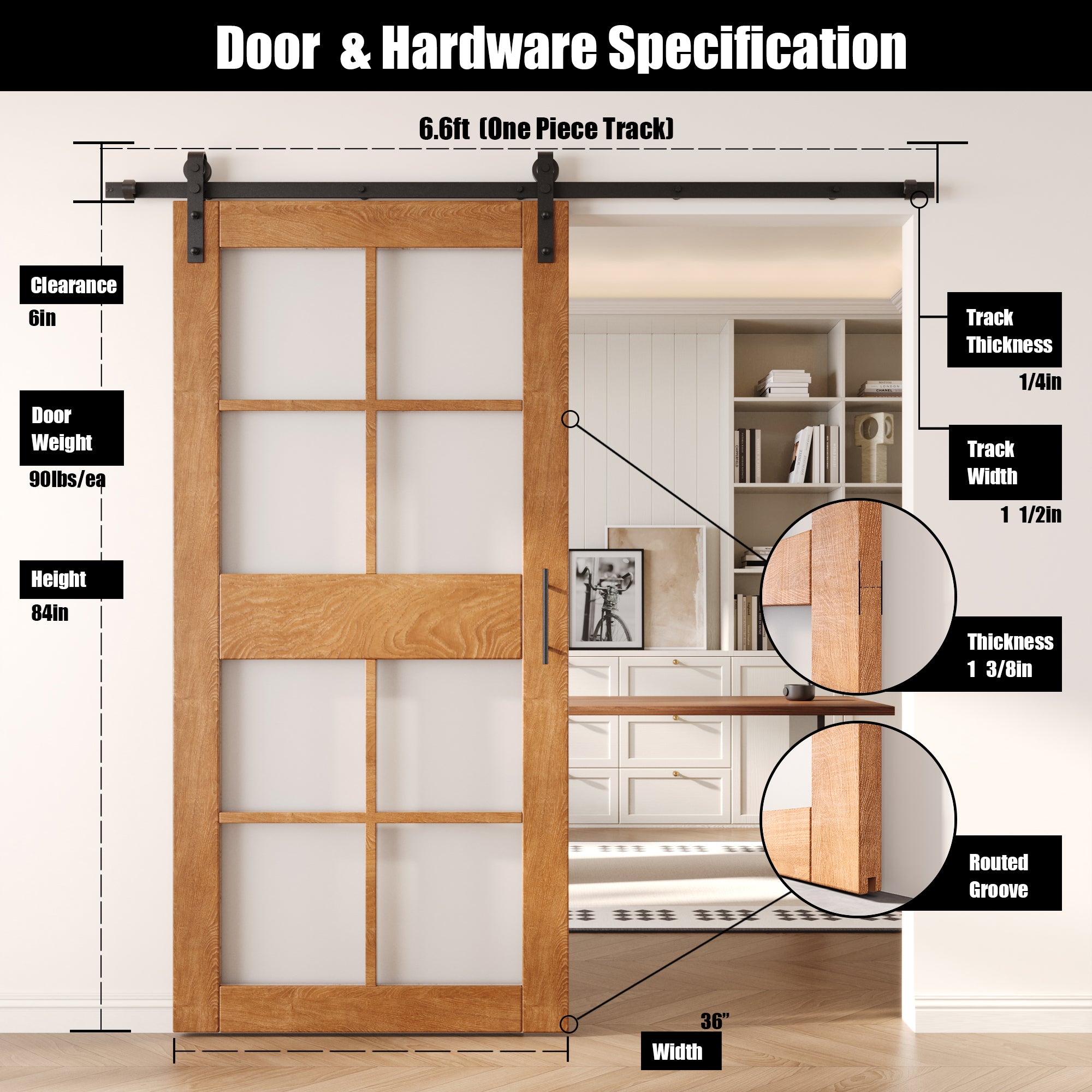 84" Height Early American 8-Lite Frosted Glass Unassembled & Finished Pine Wood Barn Door with Non-Bypass Installation Hardware Kit (Interior Use Only)