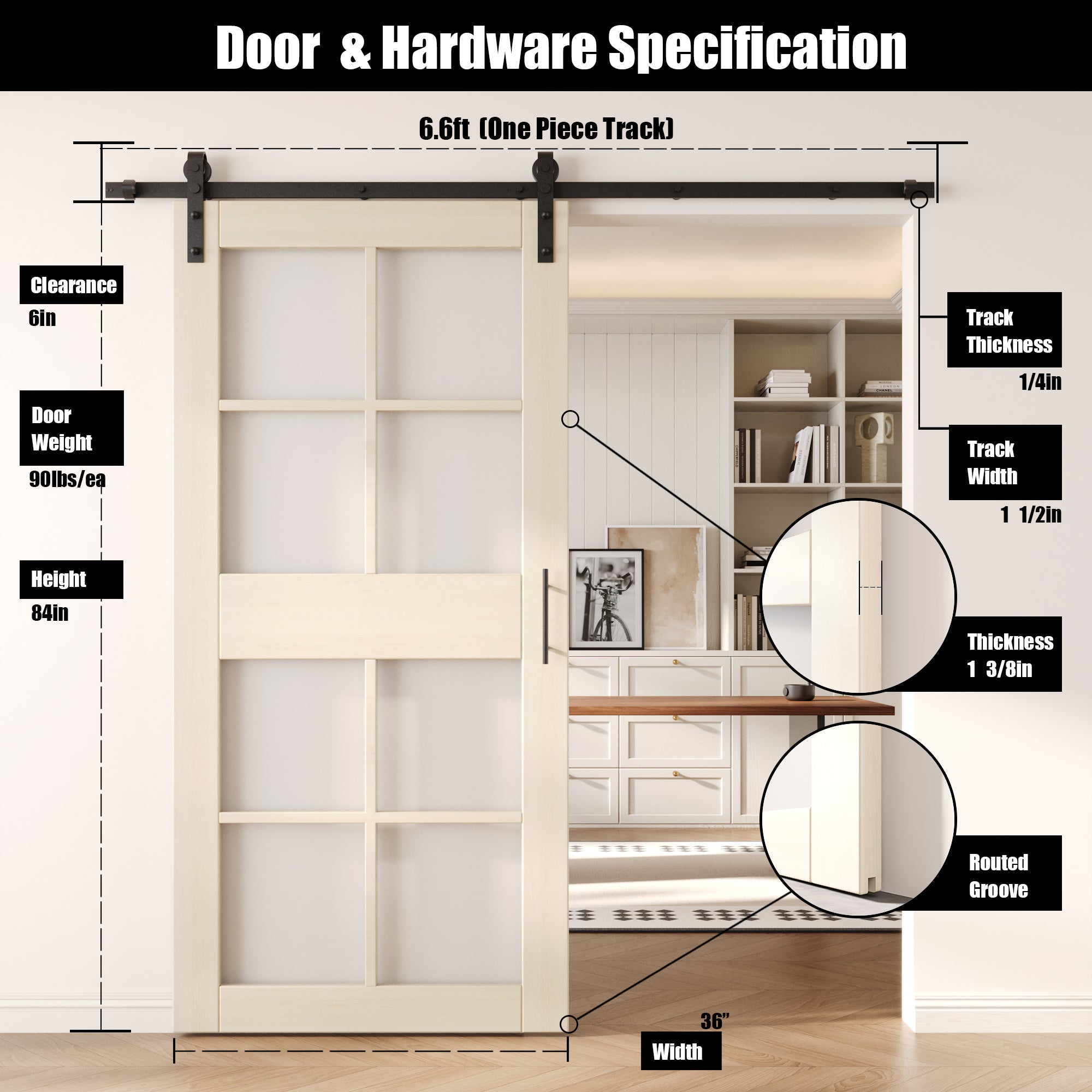 84" Height Tinsmith Gray 8-Lite Frosted Glass Unassembled & Finished Pine Wood Barn Door with Non-Bypass Installation Hardware Kit (Interior Use Only)