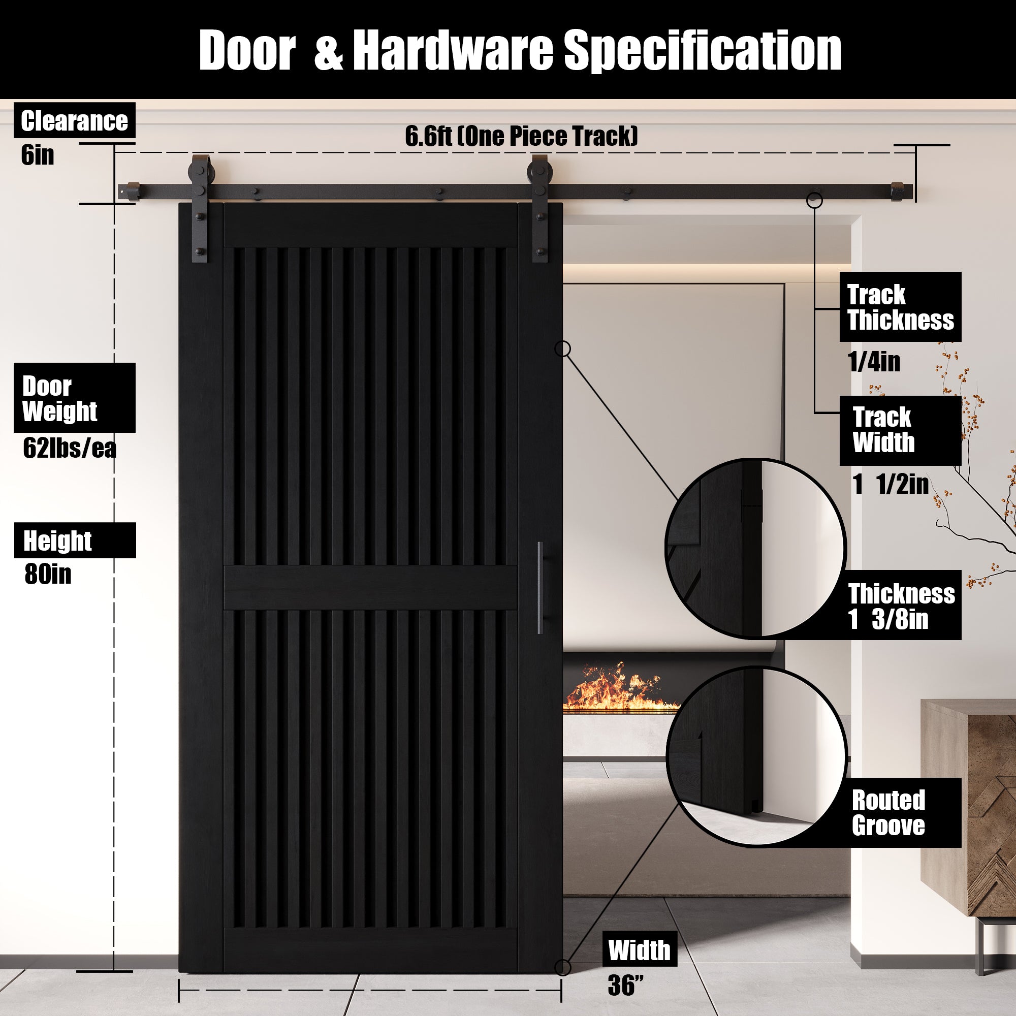 80" Height Black Vertical Stripe Design Unassembled & Finished Pine Wood Barn Door with Non-Bypass Installation Hardware Kit(Interior Use Only)