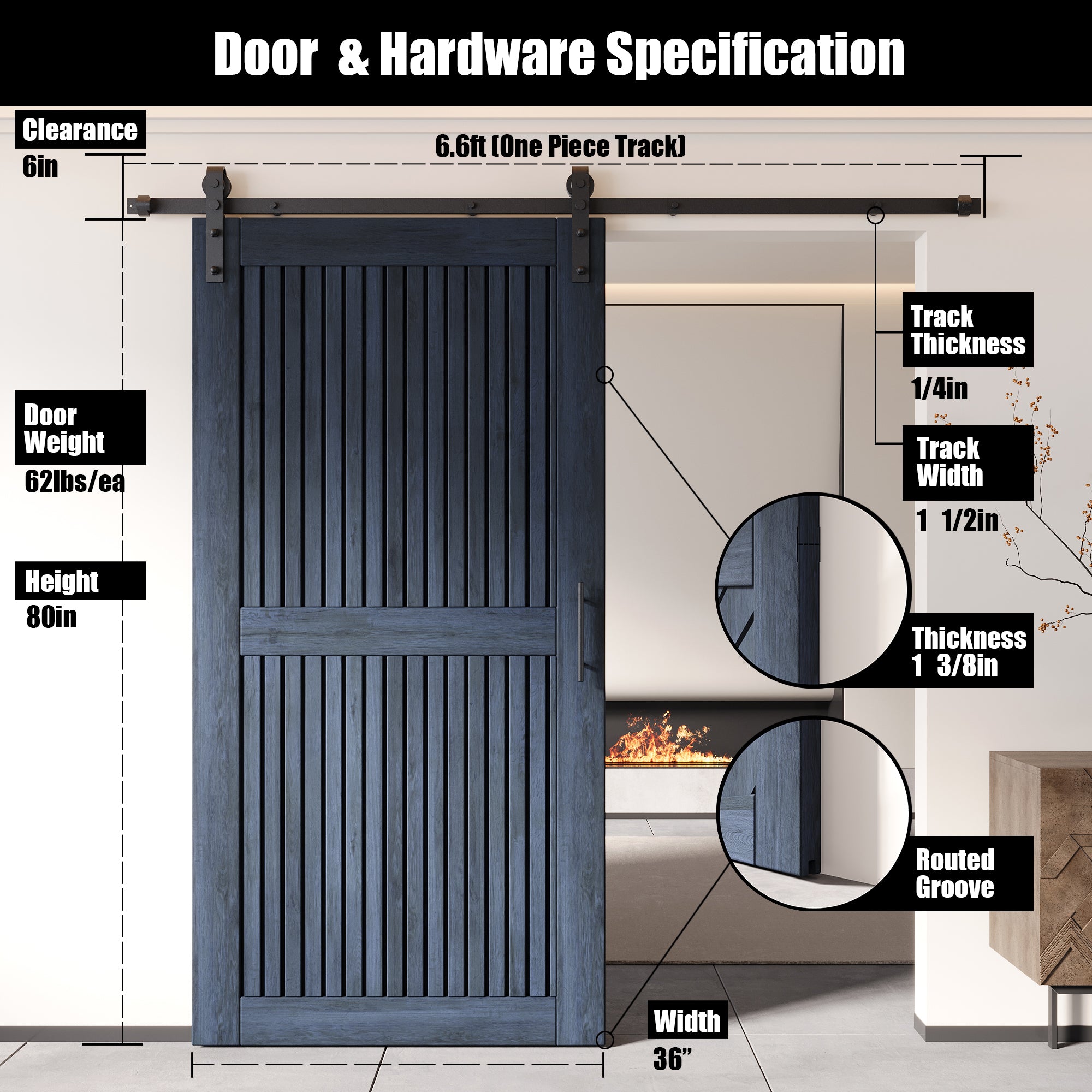 80" Height Navy Vertical Stripe Design Unassembled & Finished Pine Wood Barn Door with Non-Bypass Installation Hardware Kit(Interior Use Only)