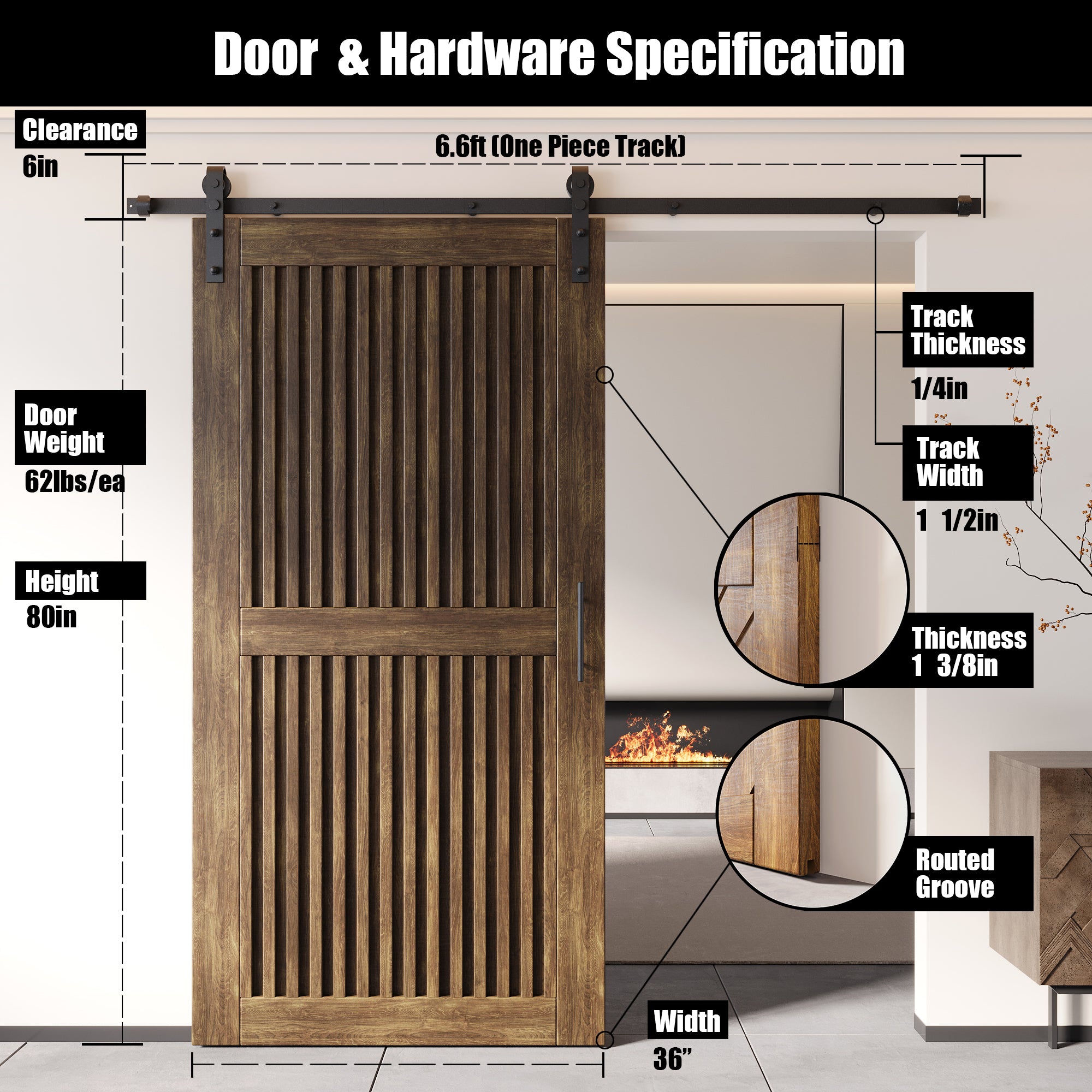 80" Height Dark Walnut Vertical Stripe Design Unassembled & Finished Pine Wood Barn Door with Non-Bypass Installation Hardware Kit(Interior Use Only)