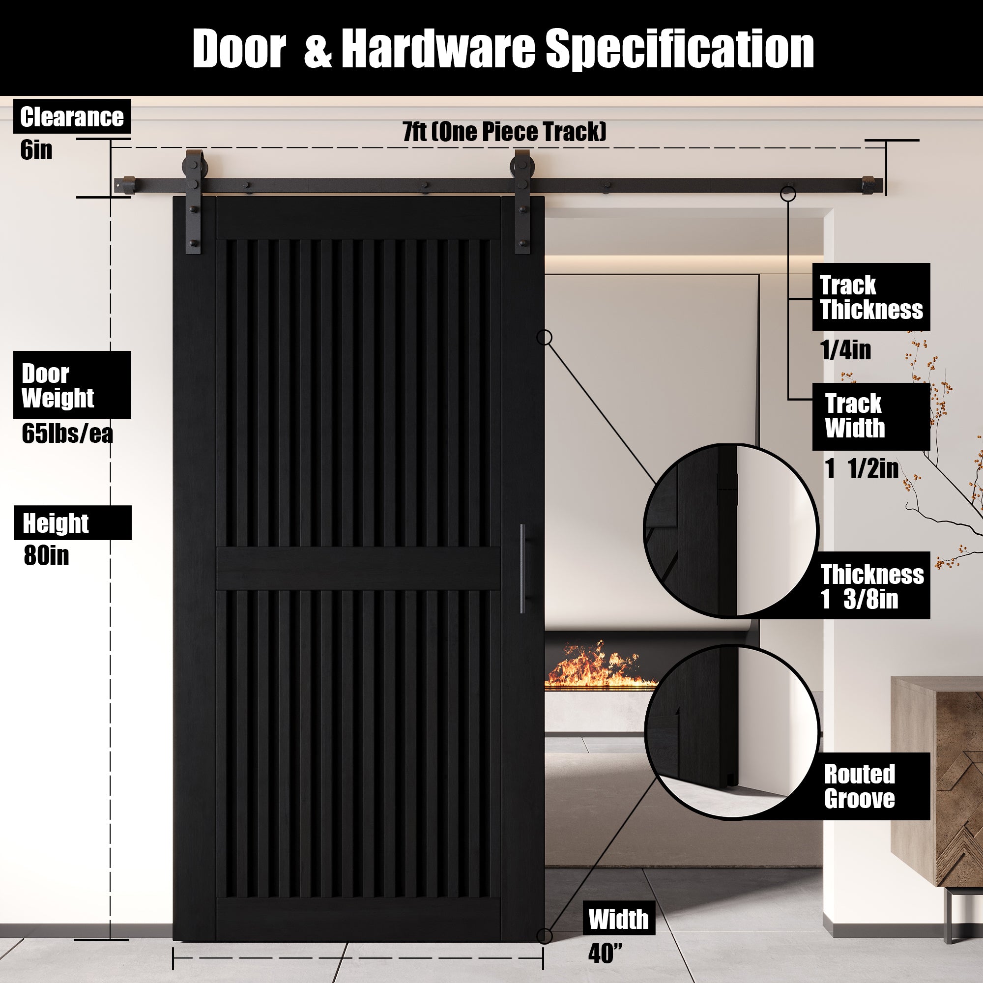 80" Height Black Vertical Stripe Design Unassembled & Finished Pine Wood Barn Door with Non-Bypass Installation Hardware Kit(Interior Use Only)