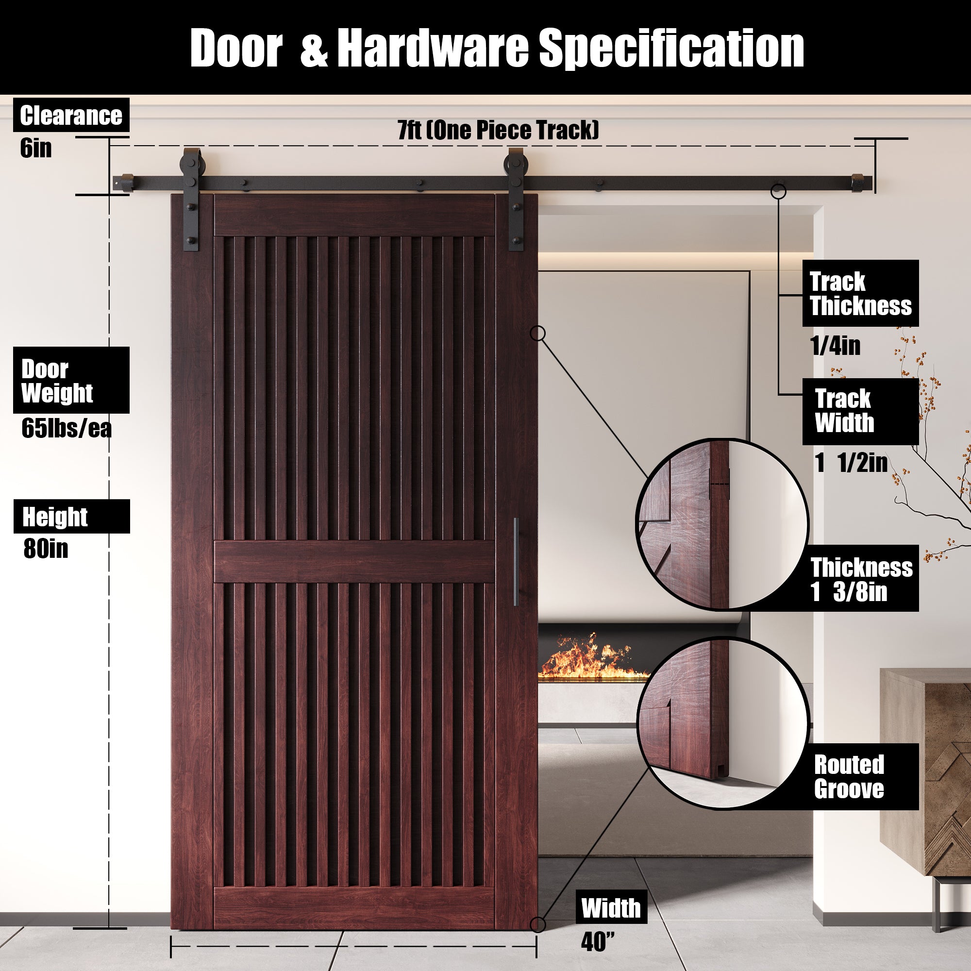 80" Height Red Mahogany Vertical Stripe Design Unassembled & Finished Pine Wood Barn Door with Non-Bypass Installation Hardware Kit(Interior Use Only)