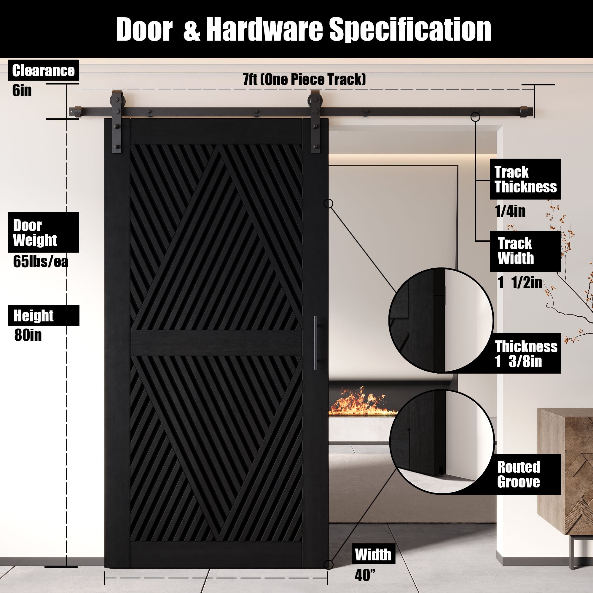 80" Height Black Diamond Design Unassembled & Finished Pine Wood Barn Door with Non-Bypass Installation Hardware Kit(Interior Use Only)